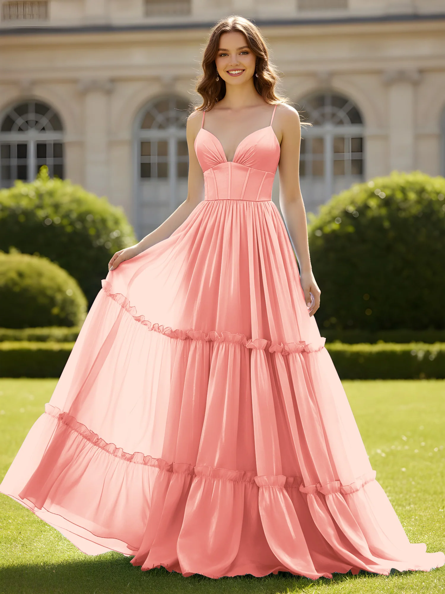 A-Line Spaghetti Straps V-neck Tiered Dress Coral