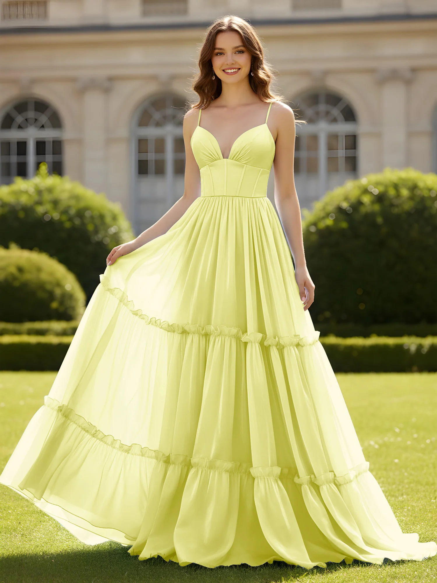 A-Line Spaghetti Straps V-neck Tiered Dress Daffodil