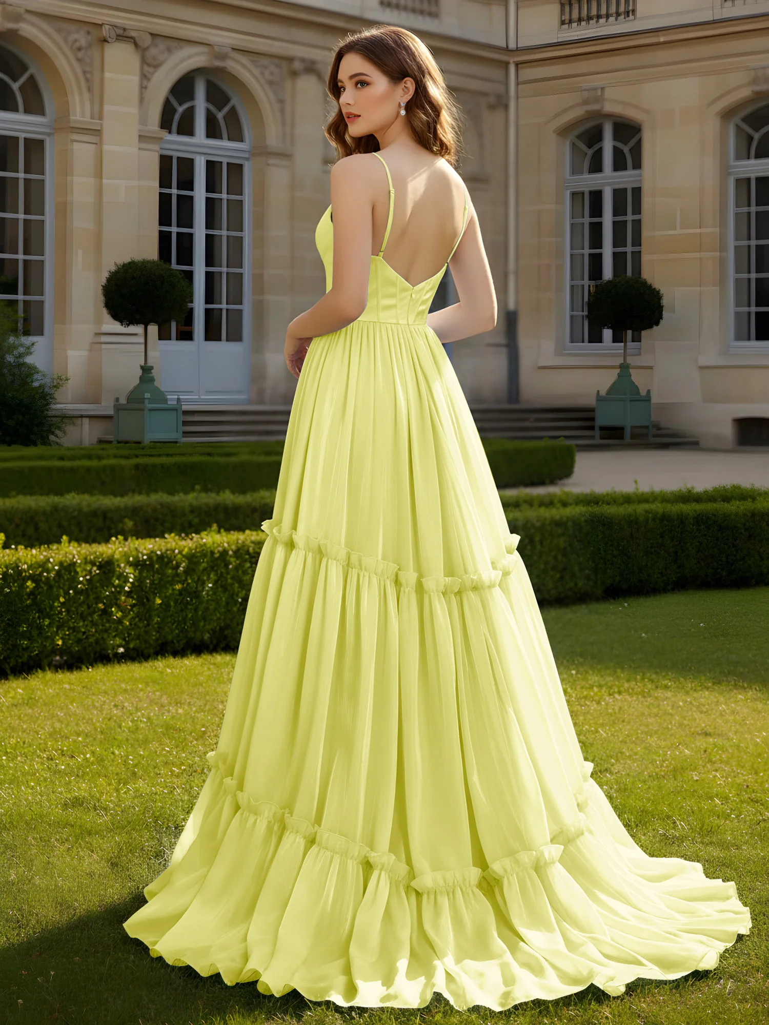 A-Line Spaghetti Straps V-neck Tiered Dress Daffodil - Image 2
