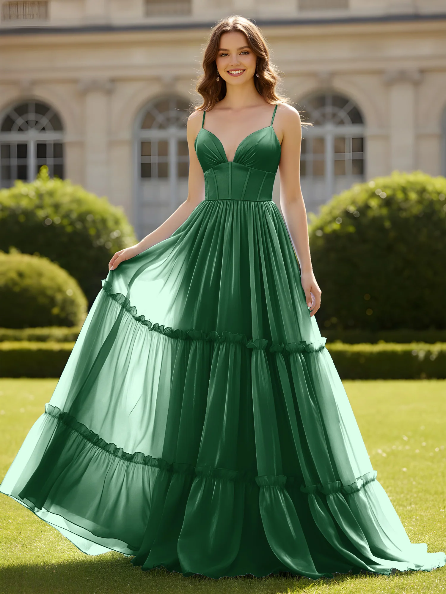 A-Line Spaghetti Straps V-neck Tiered Dress Dark Green