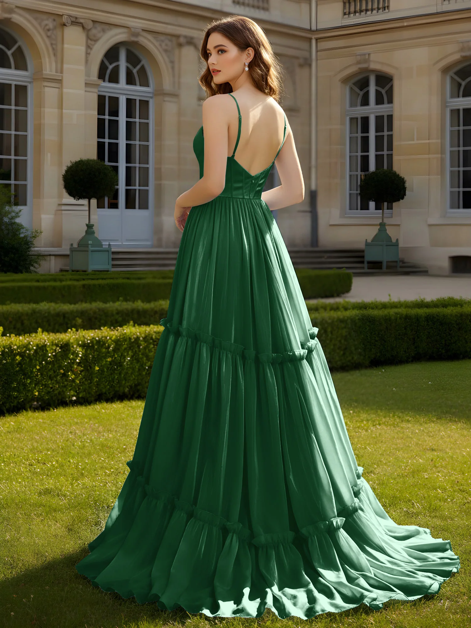 A-Line Spaghetti Straps V-neck Tiered Dress Dark Green - Image 2