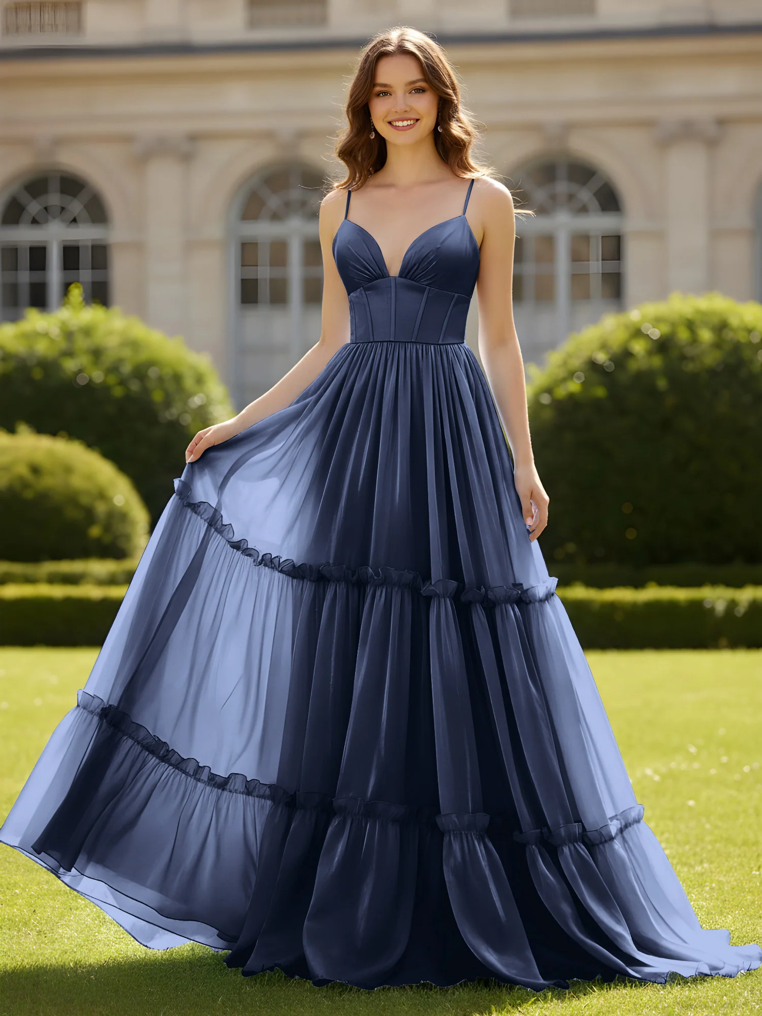 A-Line Spaghetti Straps V-neck Tiered Dress Dark Navy