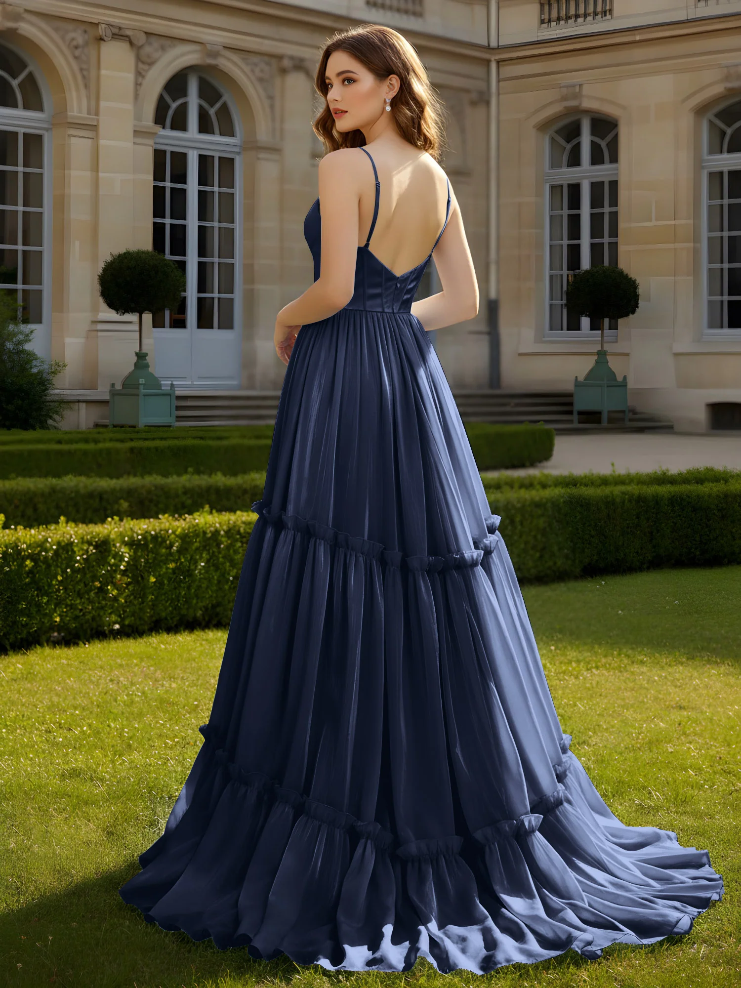 A-Line Spaghetti Straps V-neck Tiered Dress Dark Navy - Image 2