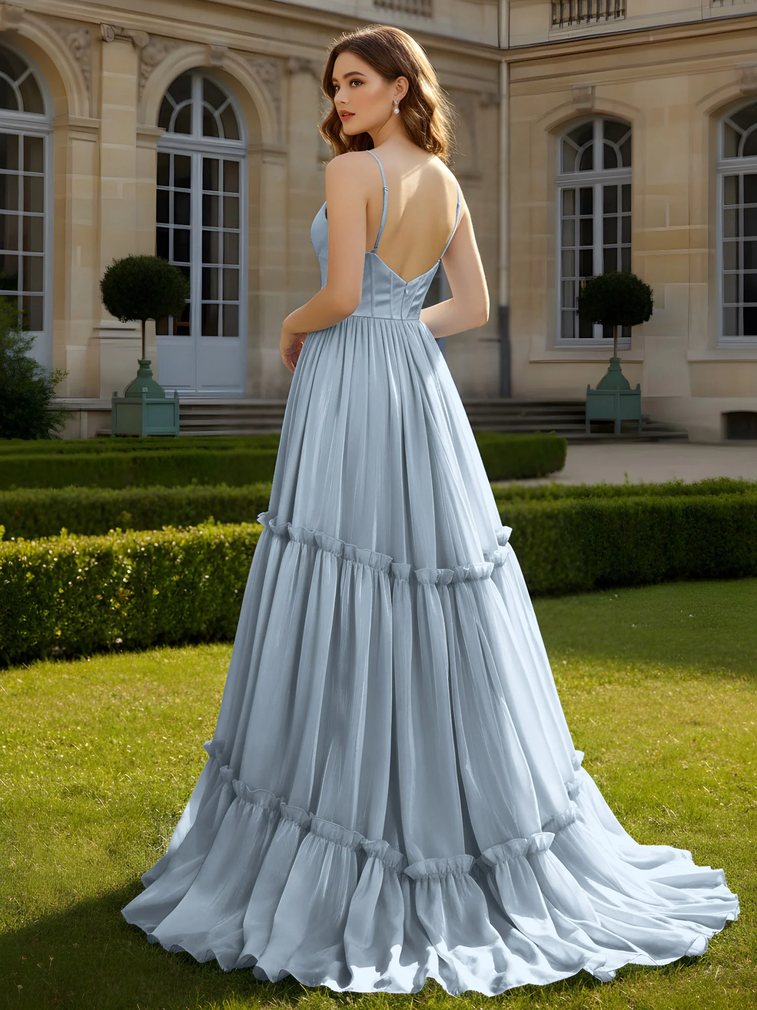 A-Line Spaghetti Straps V-neck Tiered Dress Dusty Blue - Image 2