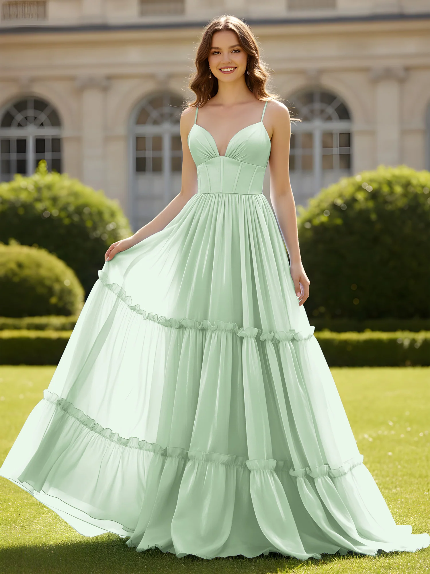 A-Line Spaghetti Straps V-neck Tiered Dress Dusty Sage