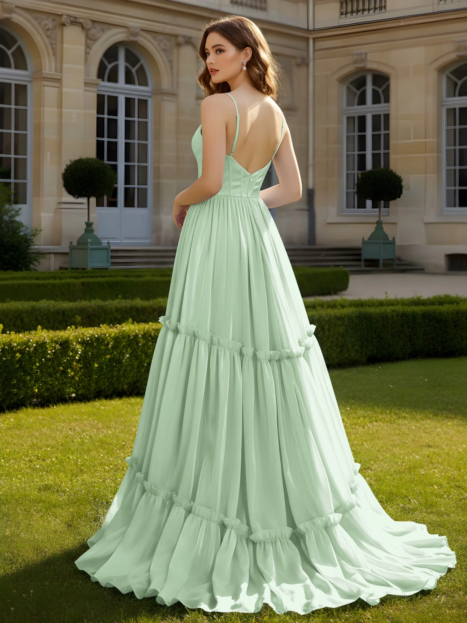 A-Line Spaghetti Straps V-neck Tiered Dress Dusty Sage - Image 2