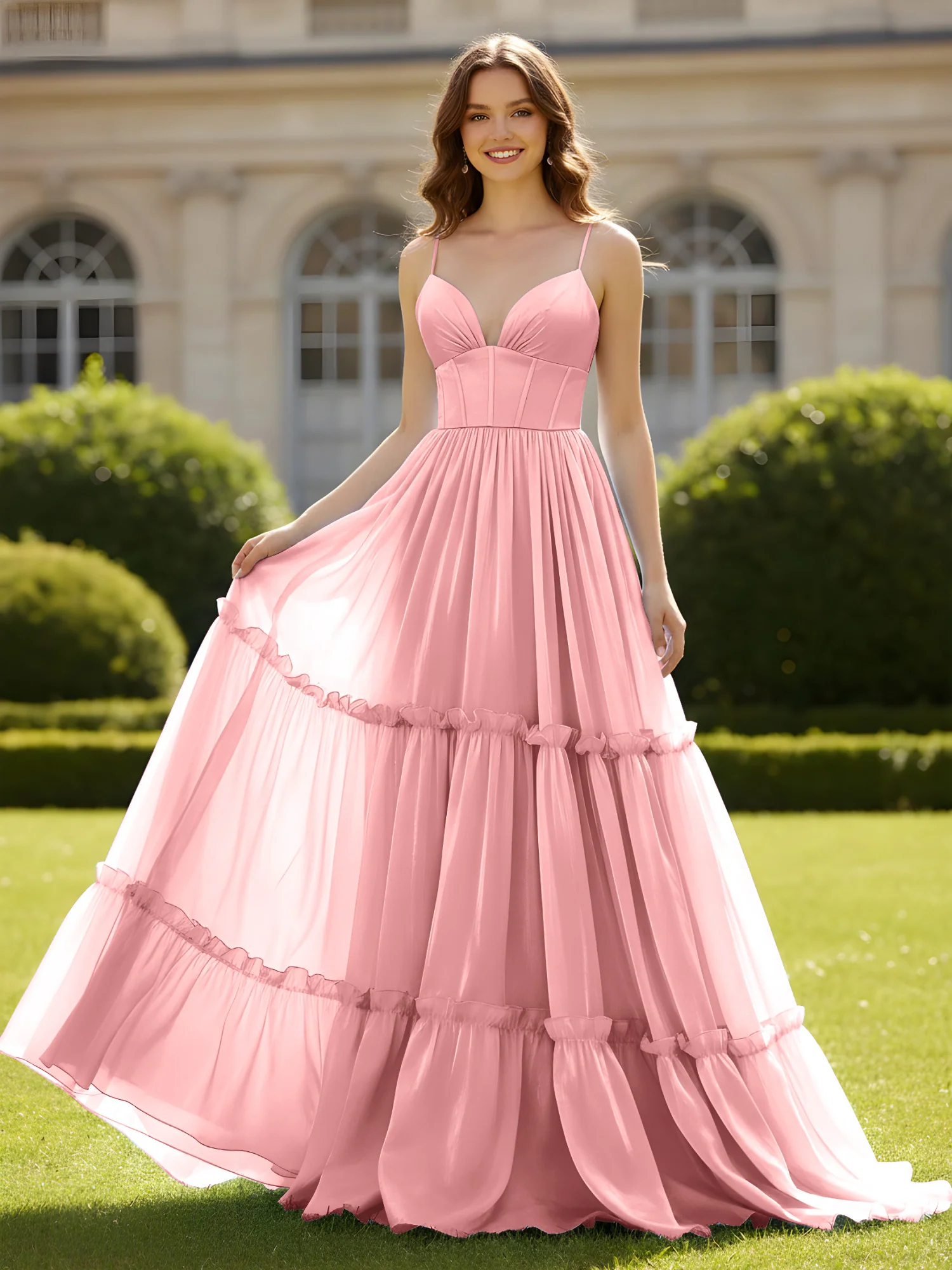 A-Line Spaghetti Straps V-neck Tiered Dress Flamingo