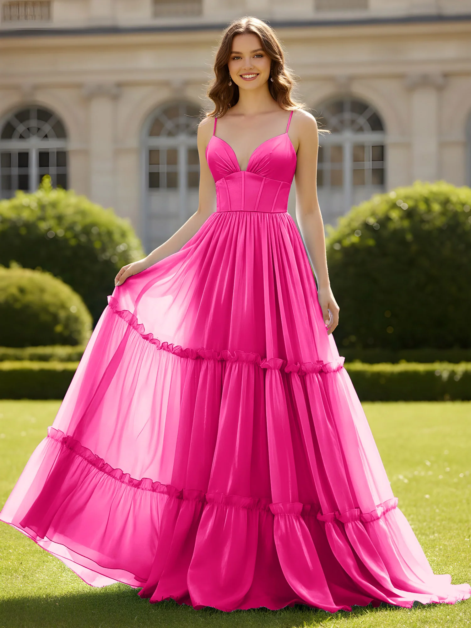 A-Line Spaghetti Straps V-neck Tiered Dress Fuchsia