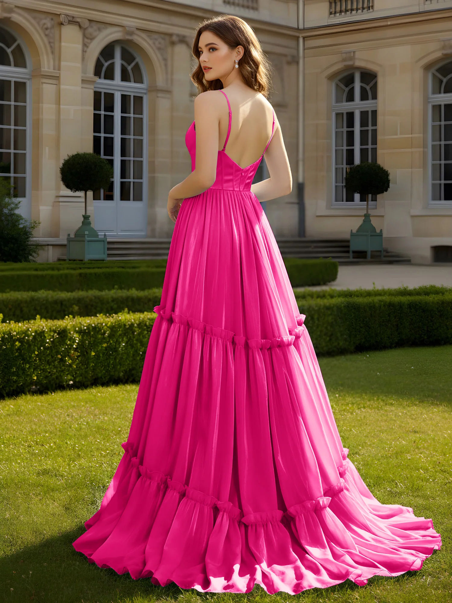 A-Line Spaghetti Straps V-neck Tiered Dress Fuchsia - Image 2