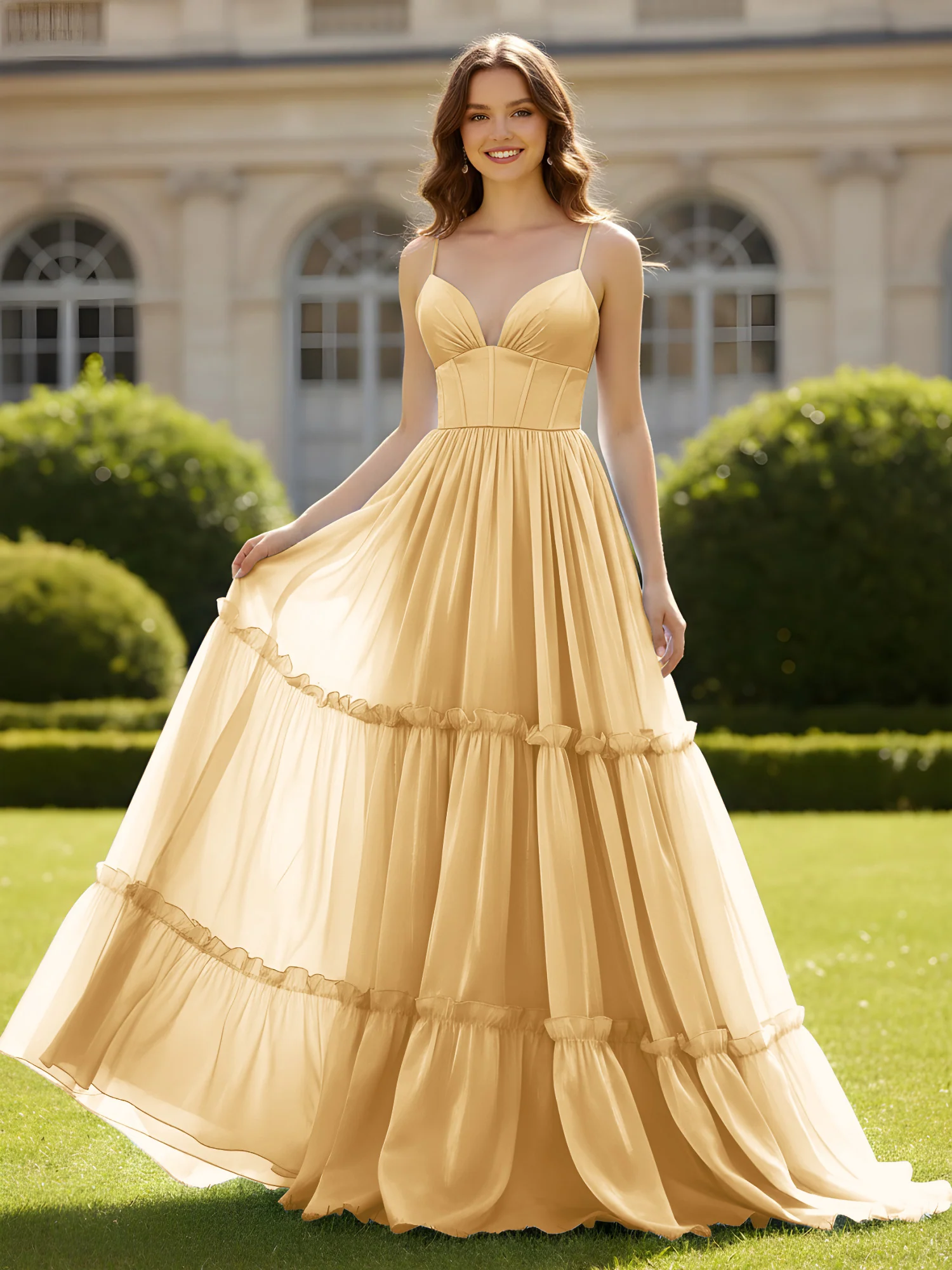 A-Line Spaghetti Straps V-neck Tiered Dress Gold