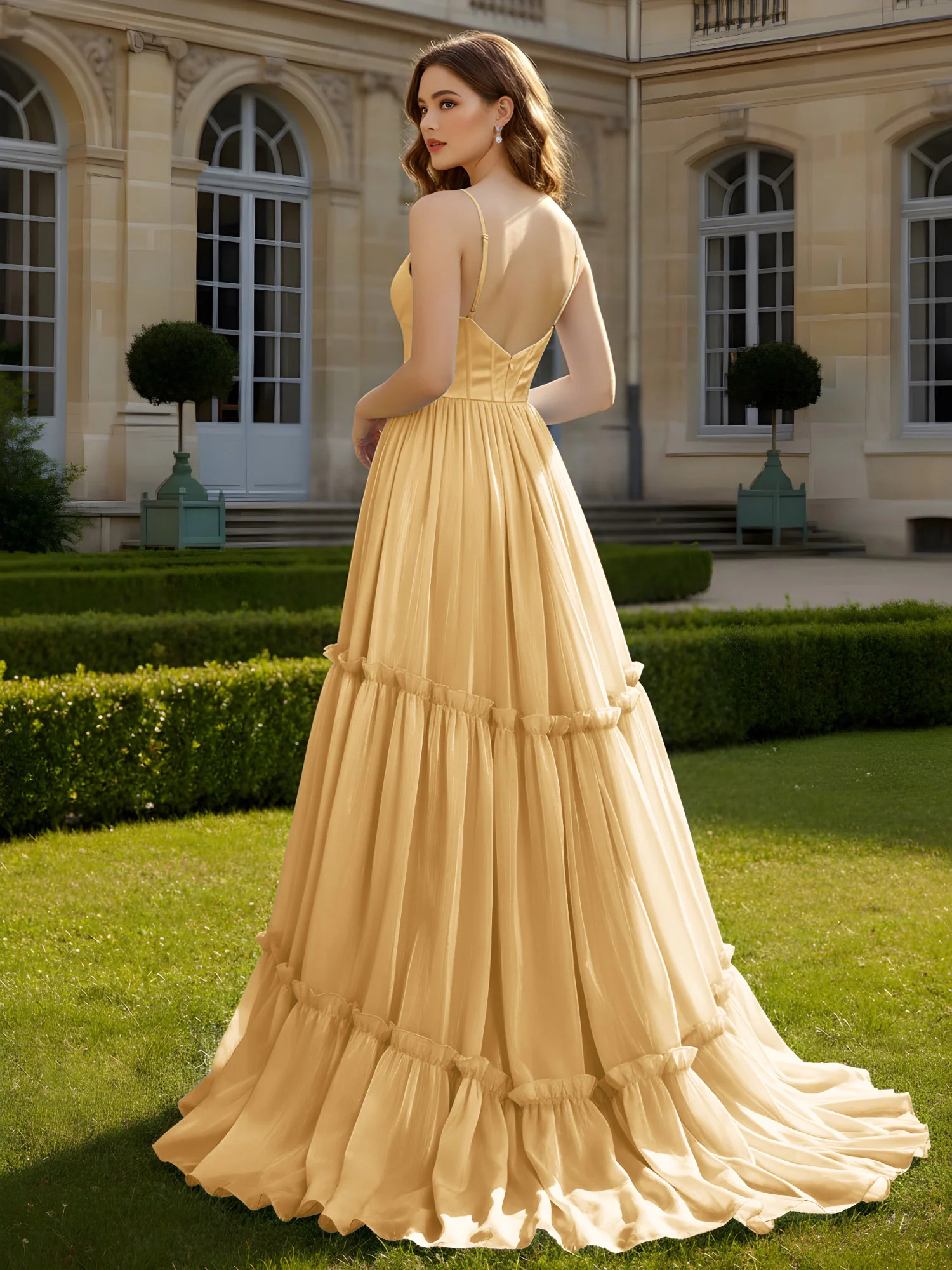 A-Line Spaghetti Straps V-neck Tiered Dress Gold - Image 2