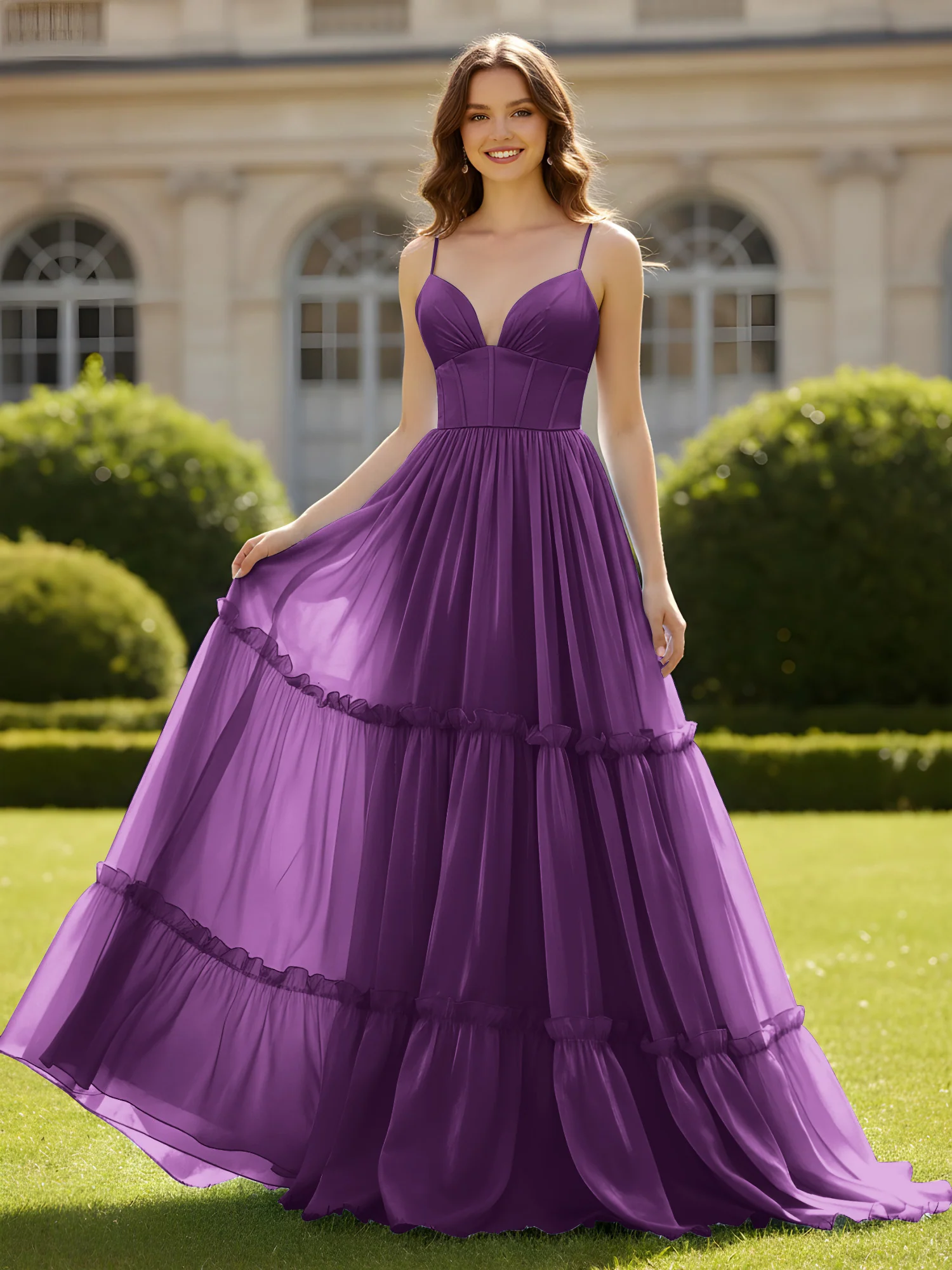 A-Line Spaghetti Straps V-neck Tiered Dress Grape