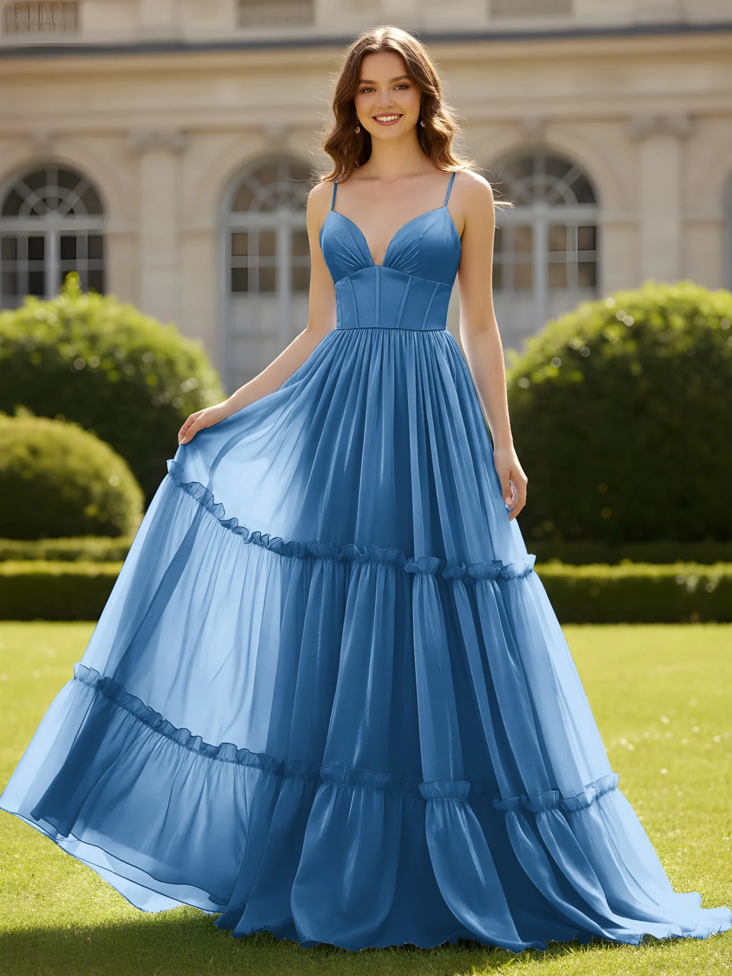 A-Line Spaghetti Straps V-neck Tiered Dress Ink Blue