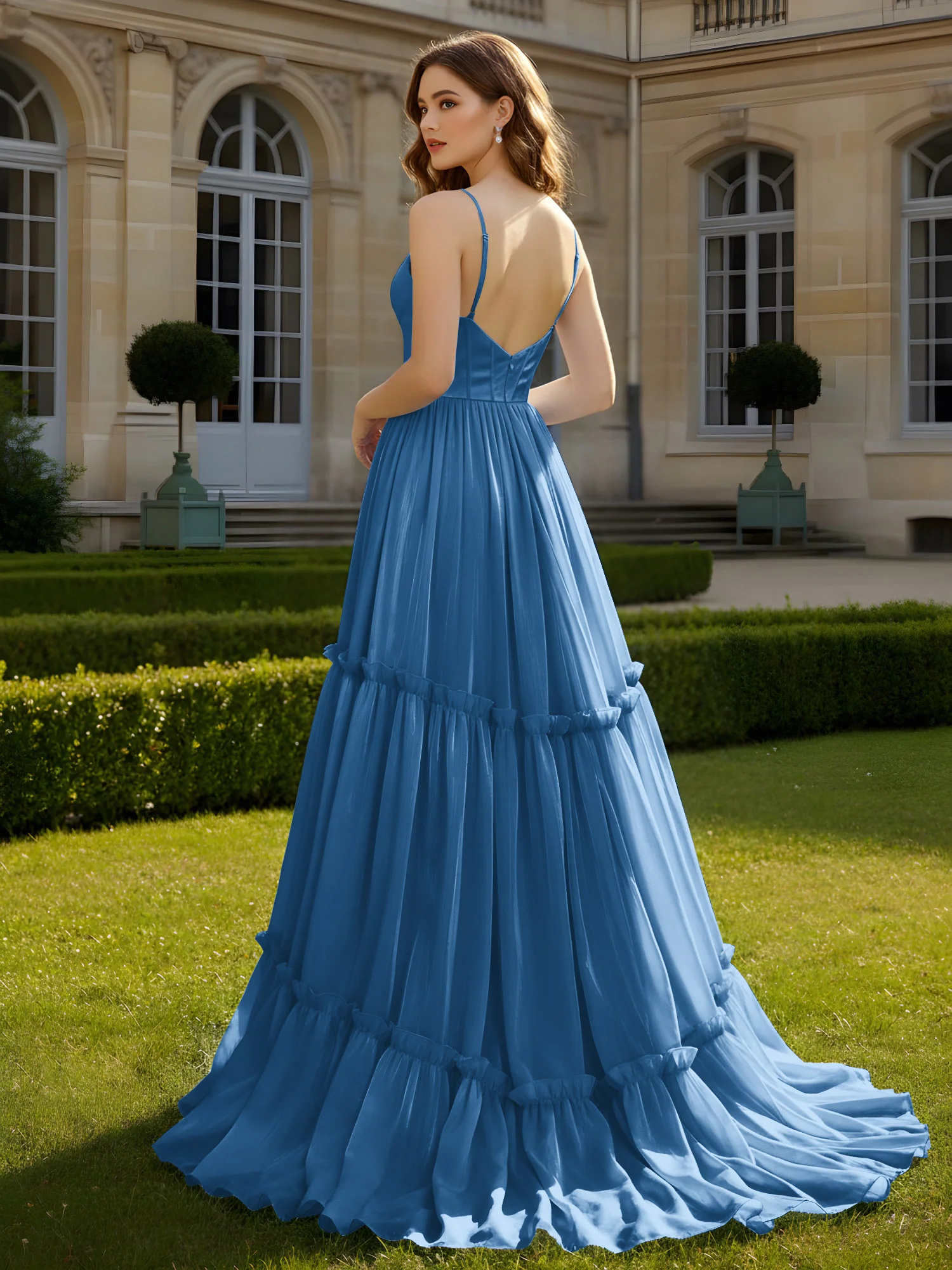 A-Line Spaghetti Straps V-neck Tiered Dress Ink Blue - Image 2