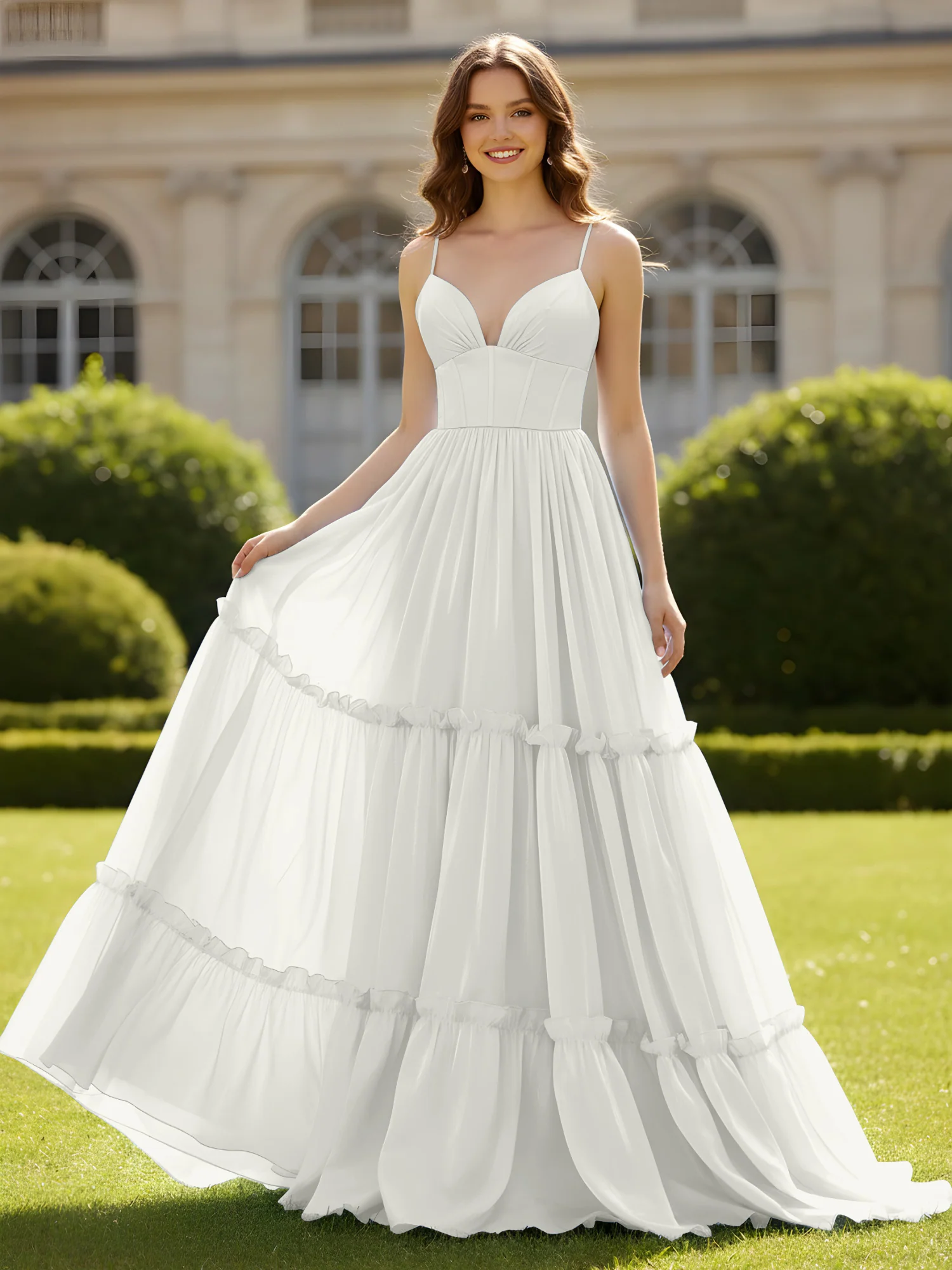 A-Line Spaghetti Straps V-neck Tiered Dress Ivory
