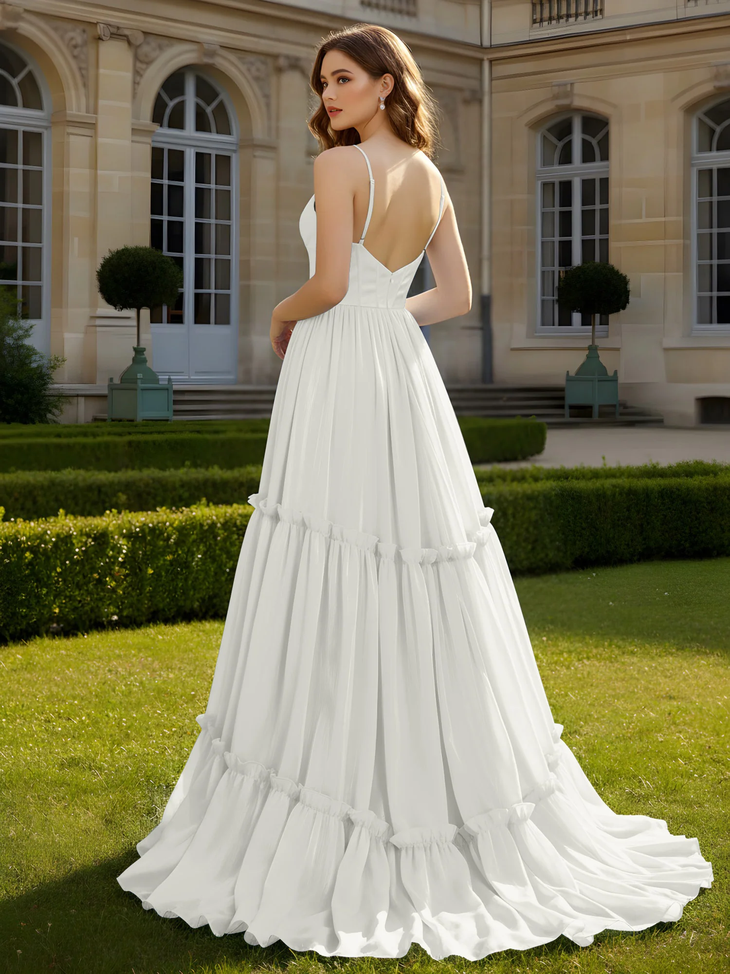 A-Line Spaghetti Straps V-neck Tiered Dress Ivory - Image 2