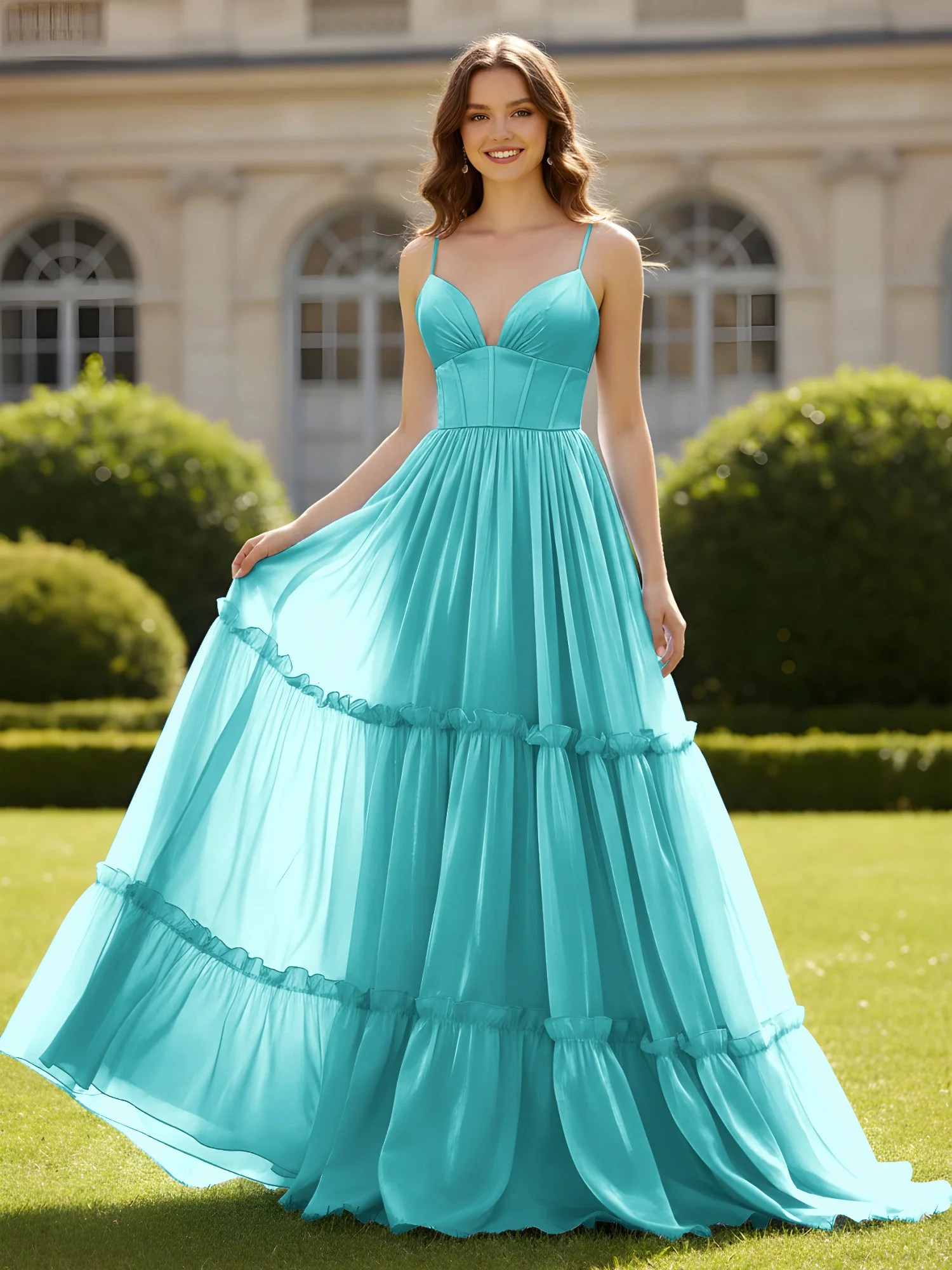 A-Line Spaghetti Straps V-neck Tiered Dress Jade