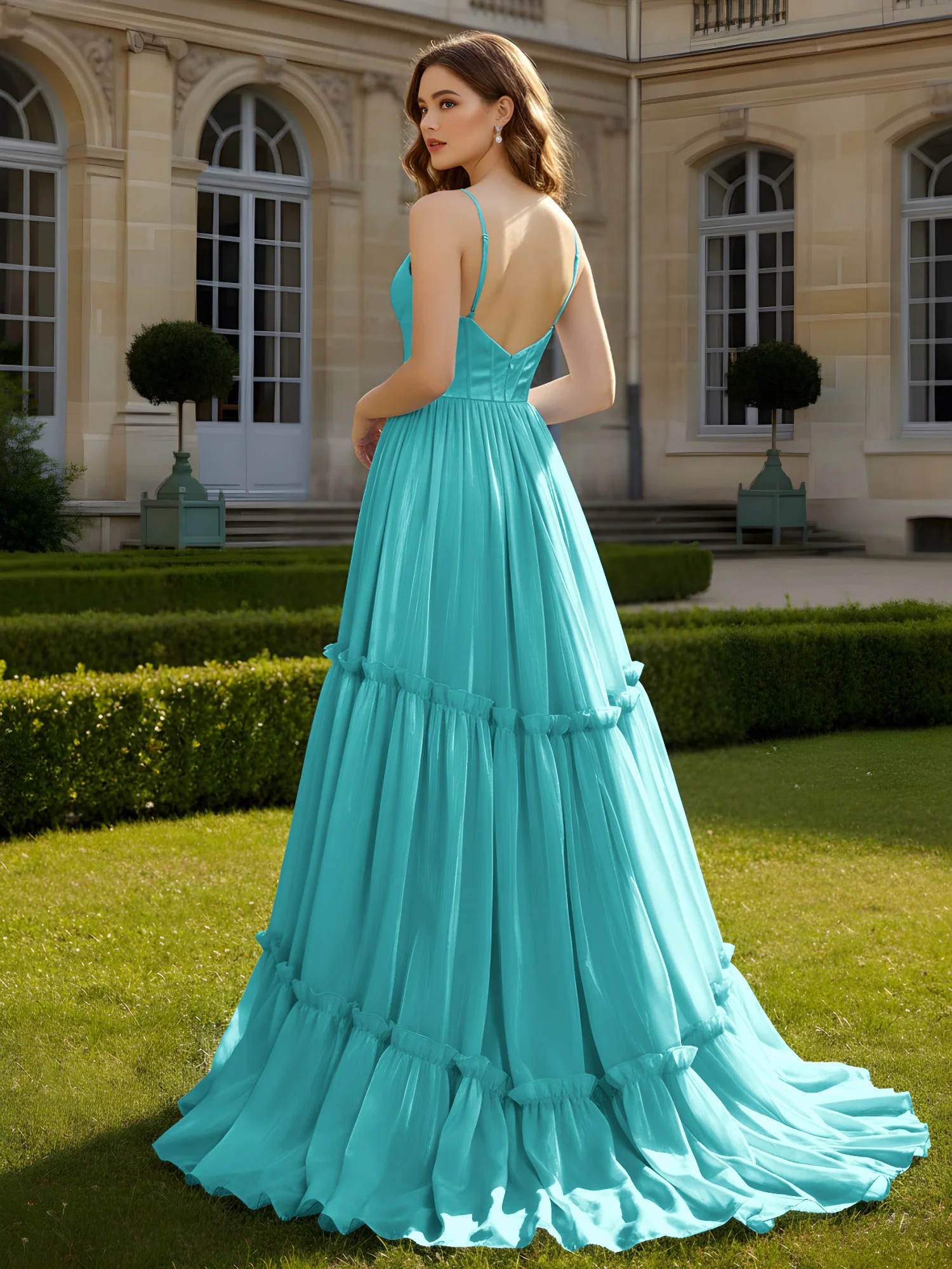 A-Line Spaghetti Straps V-neck Tiered Dress Jade - Image 2