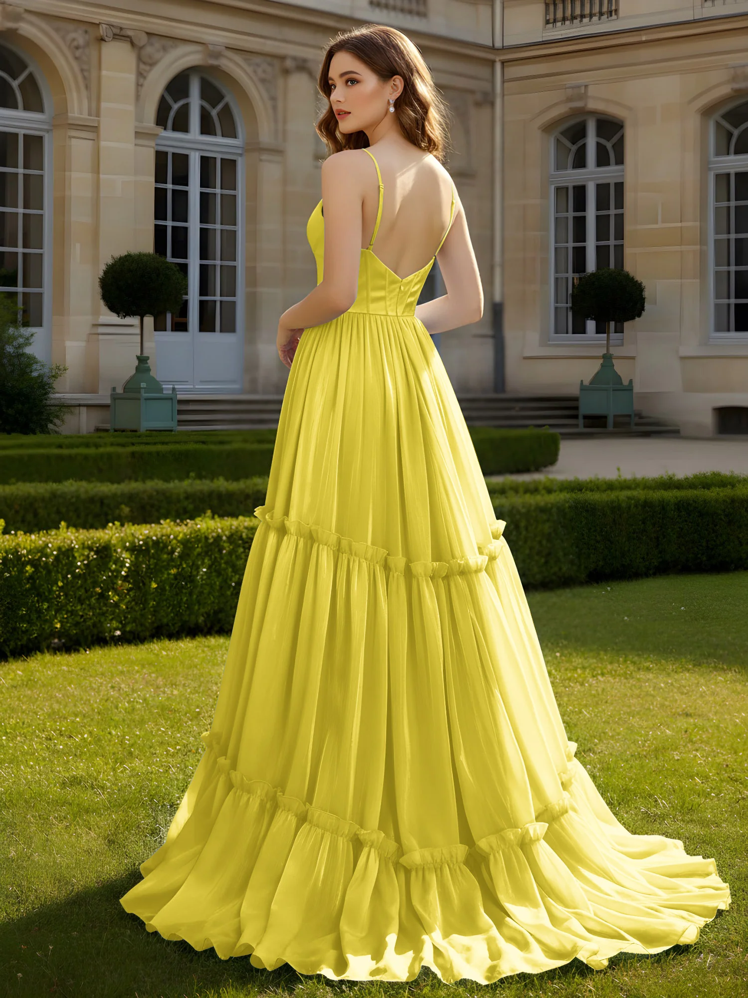 A-Line Spaghetti Straps V-neck Tiered Dress Lemon - Image 2