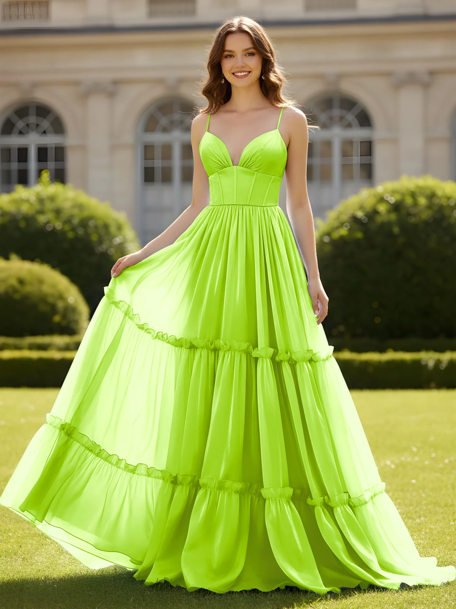A-Line Spaghetti Straps V-neck Tiered Dress Lime Green