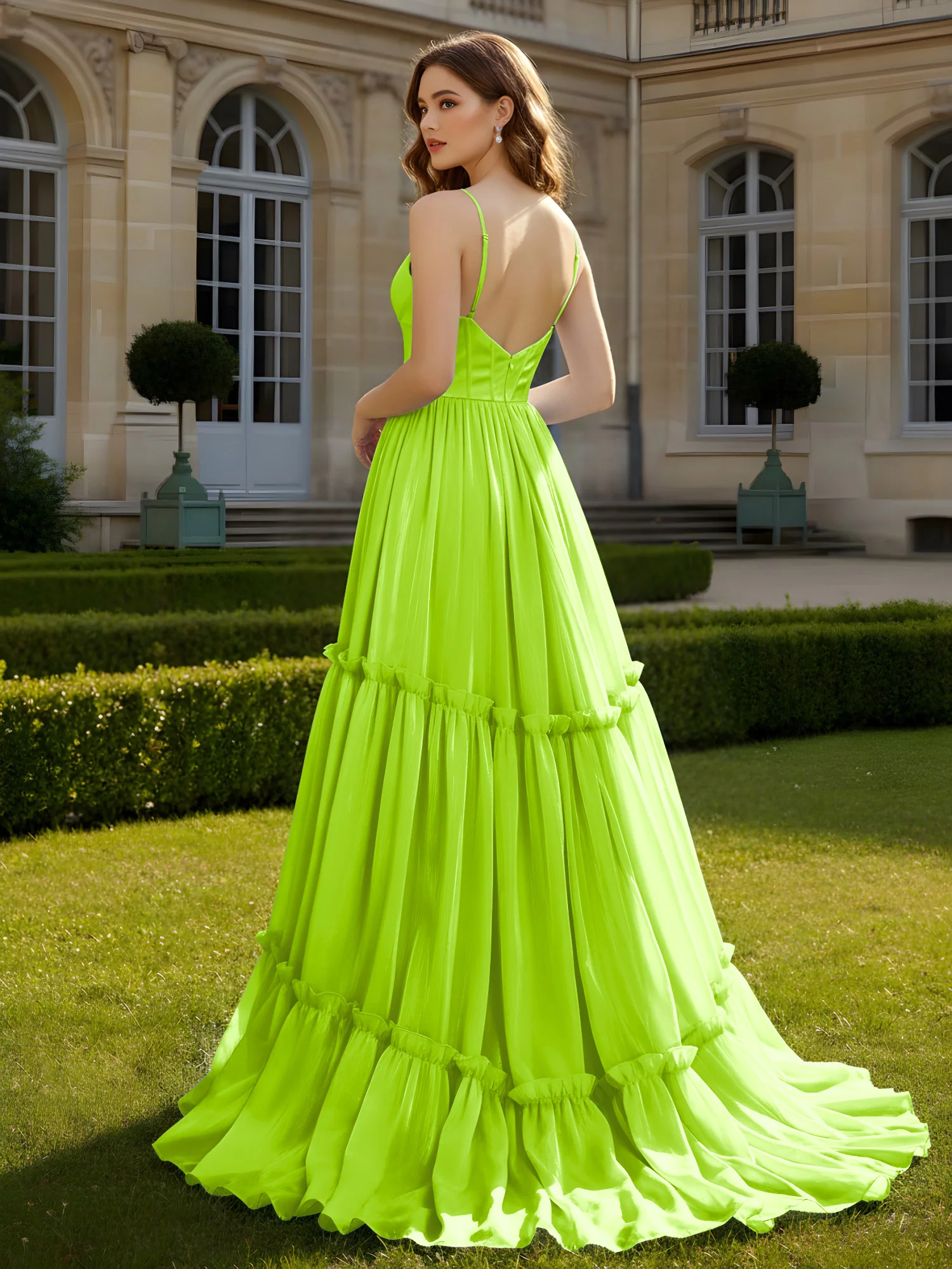 A-Line Spaghetti Straps V-neck Tiered Dress Lime Green - Image 2