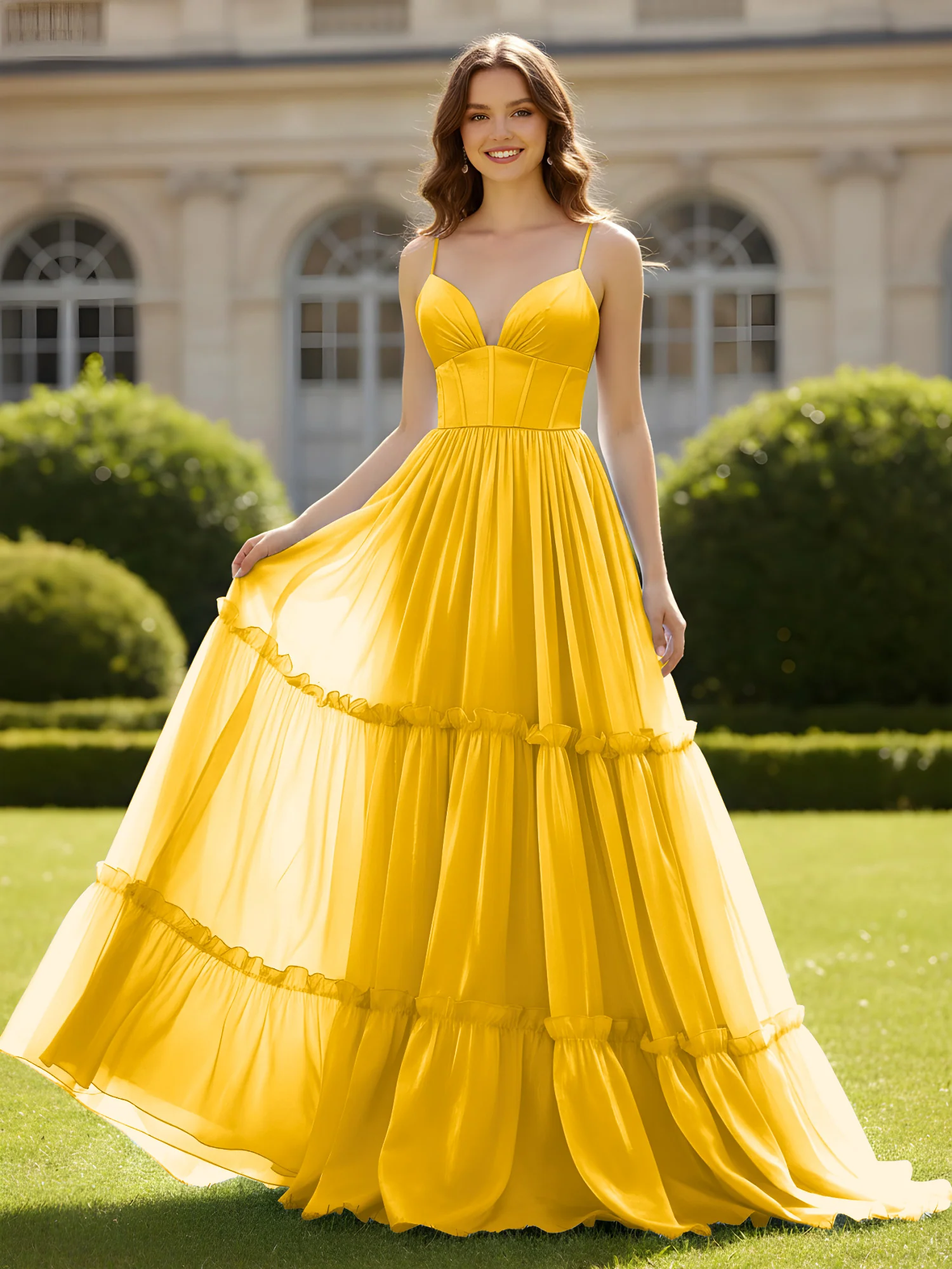 A-Line Spaghetti Straps V-neck Tiered Dress Marigold
