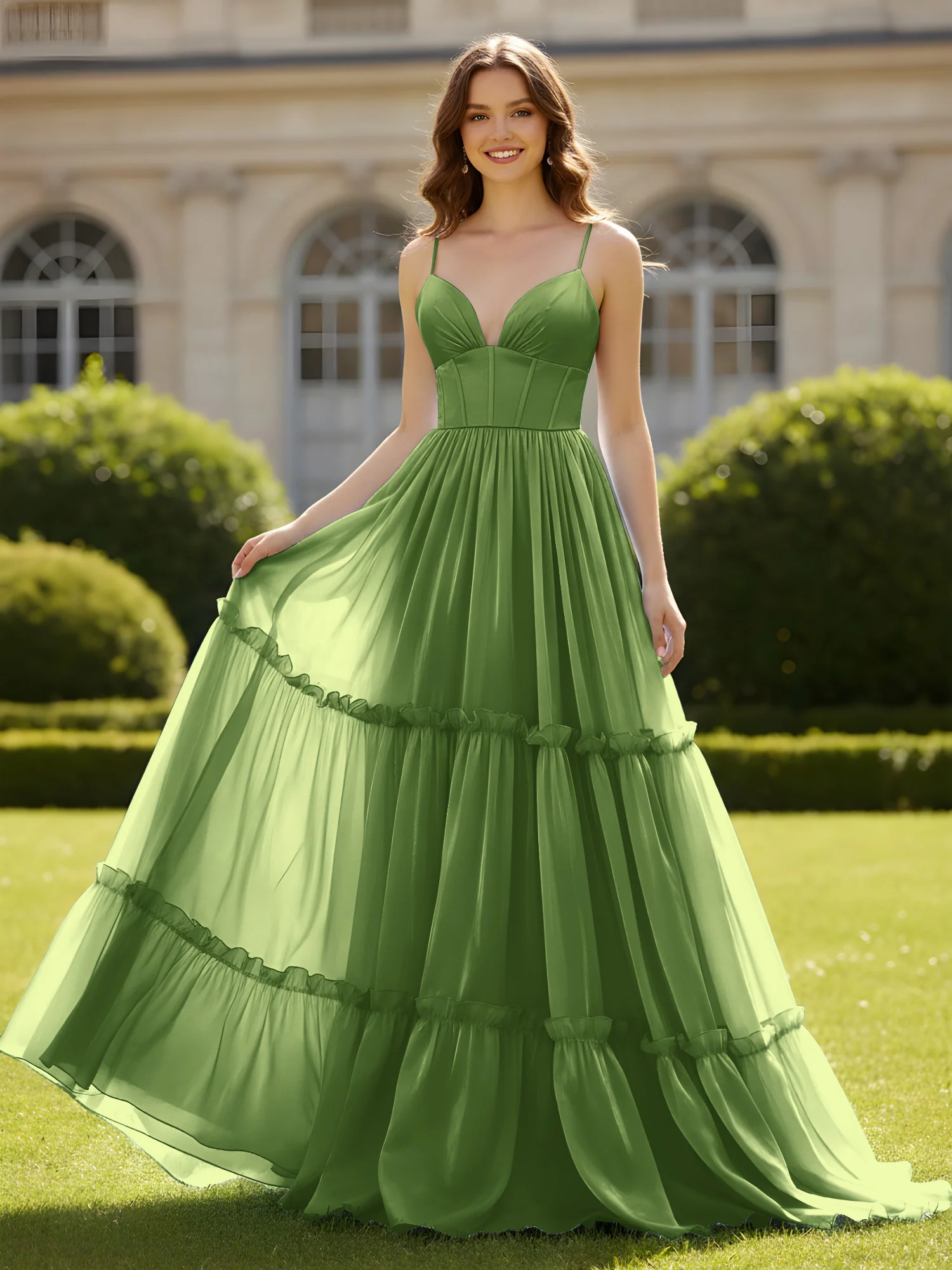 A-Line Spaghetti Straps V-neck Tiered Dress Moss