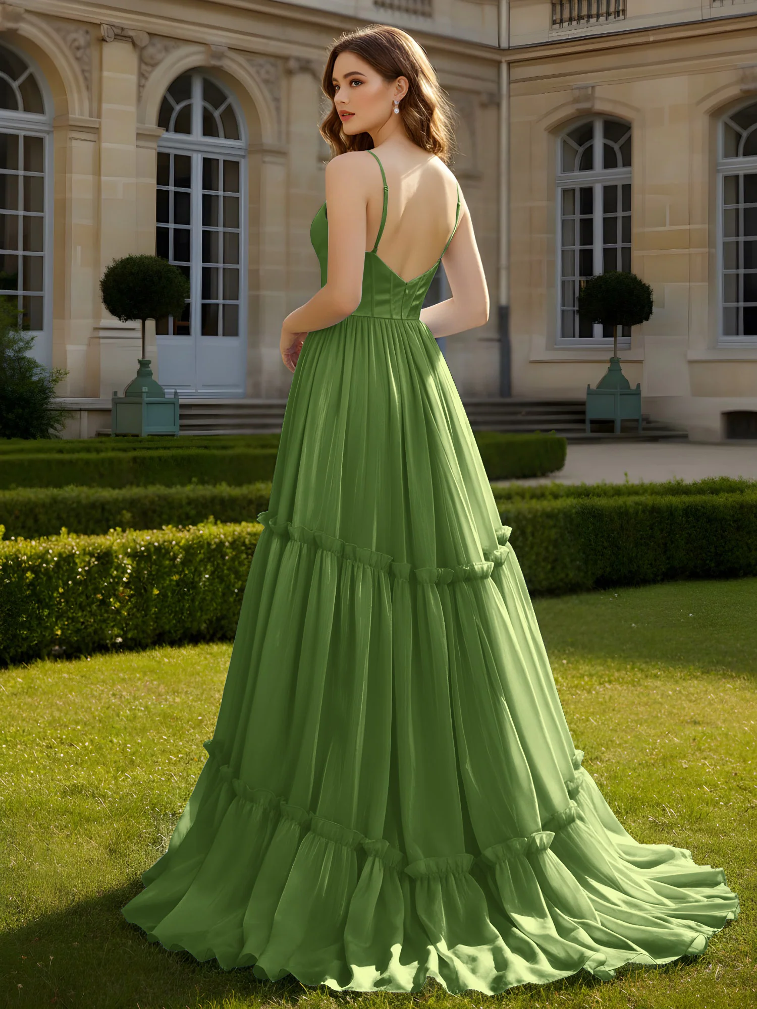 A-Line Spaghetti Straps V-neck Tiered Dress Moss - Image 2