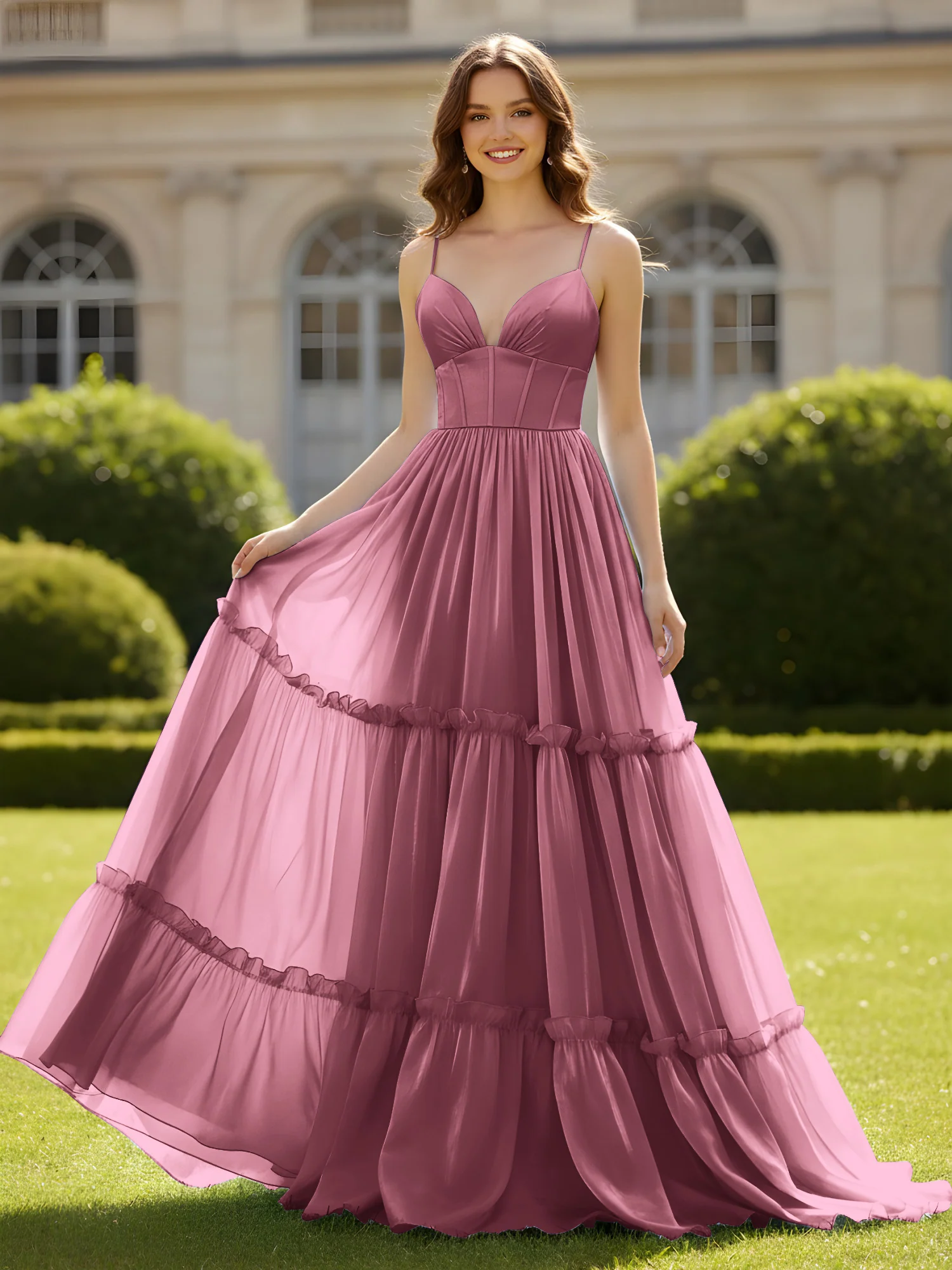 A-Line Spaghetti Straps V-neck Tiered Dress Mulberry