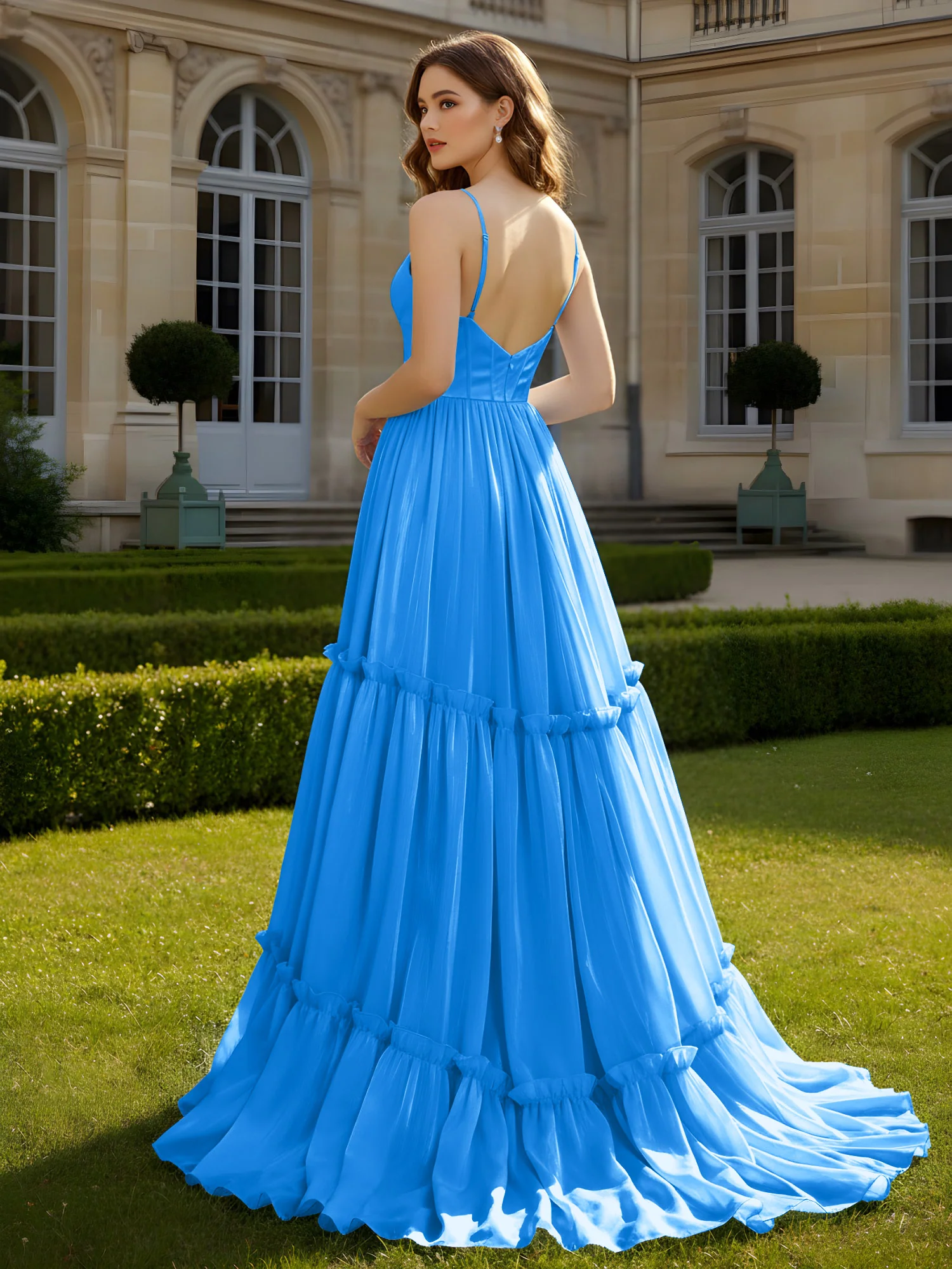 A-Line Spaghetti Straps V-neck Tiered Dress Ocean Blue - Image 2