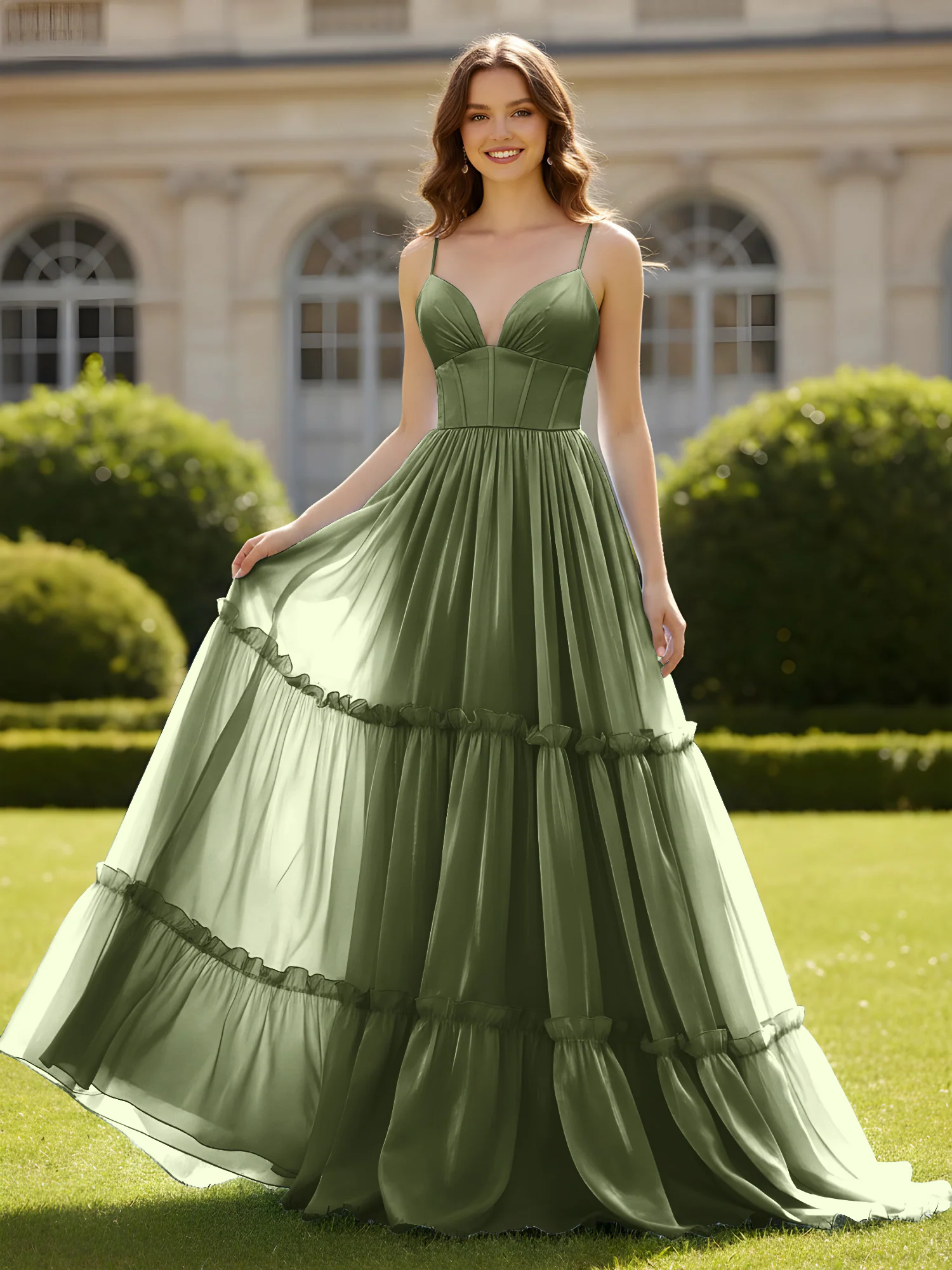 A-Line Spaghetti Straps V-neck Tiered Dress Olive Green