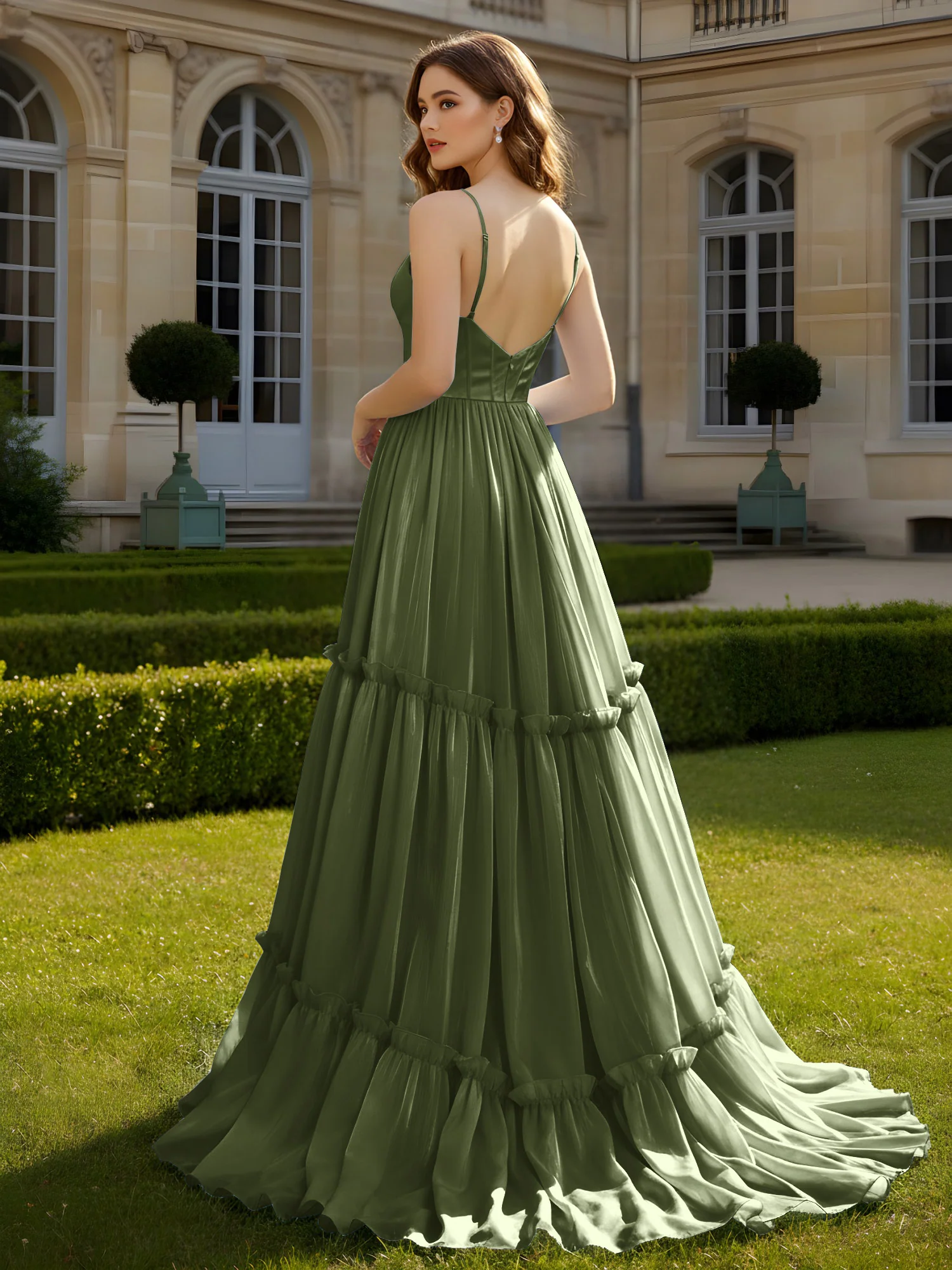 A-Line Spaghetti Straps V-neck Tiered Dress Olive Green - Image 2