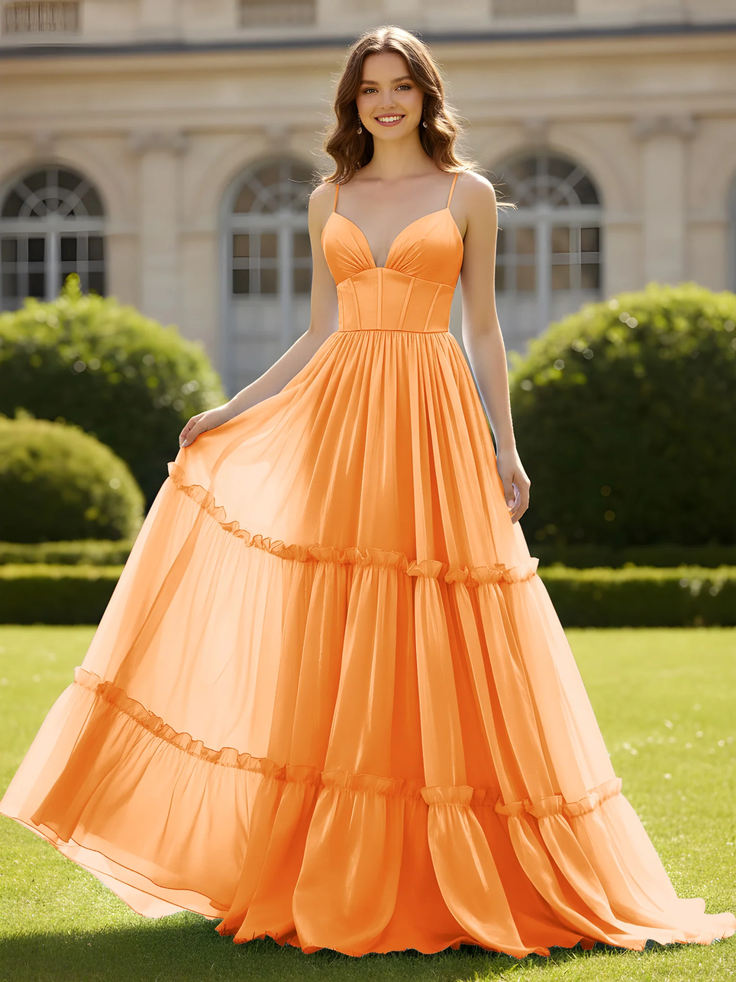 A-Line Spaghetti Straps V-neck Tiered Dress Orange