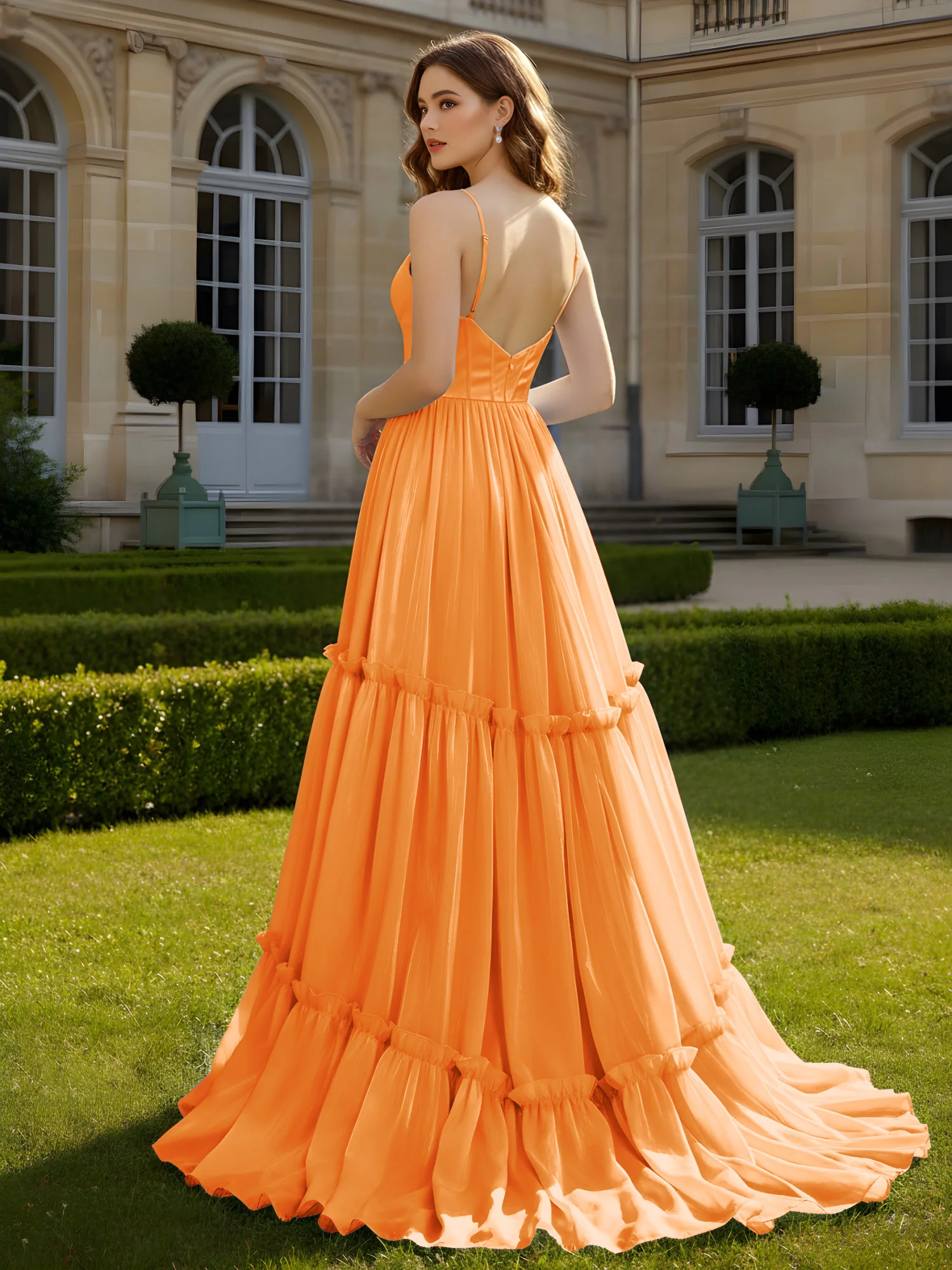 A-Line Spaghetti Straps V-neck Tiered Dress Orange - Image 2