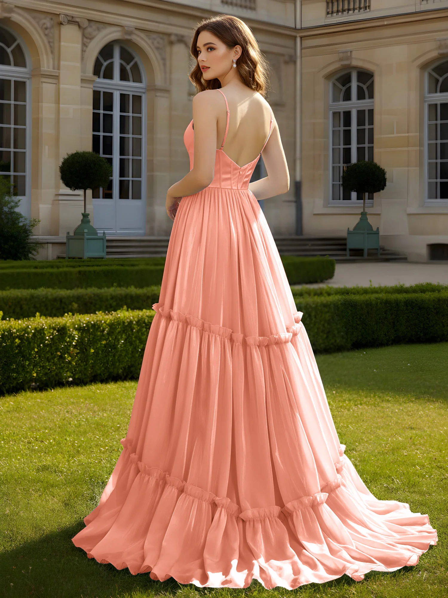 A-Line Spaghetti Straps V-neck Tiered Dress Papaya - Image 2