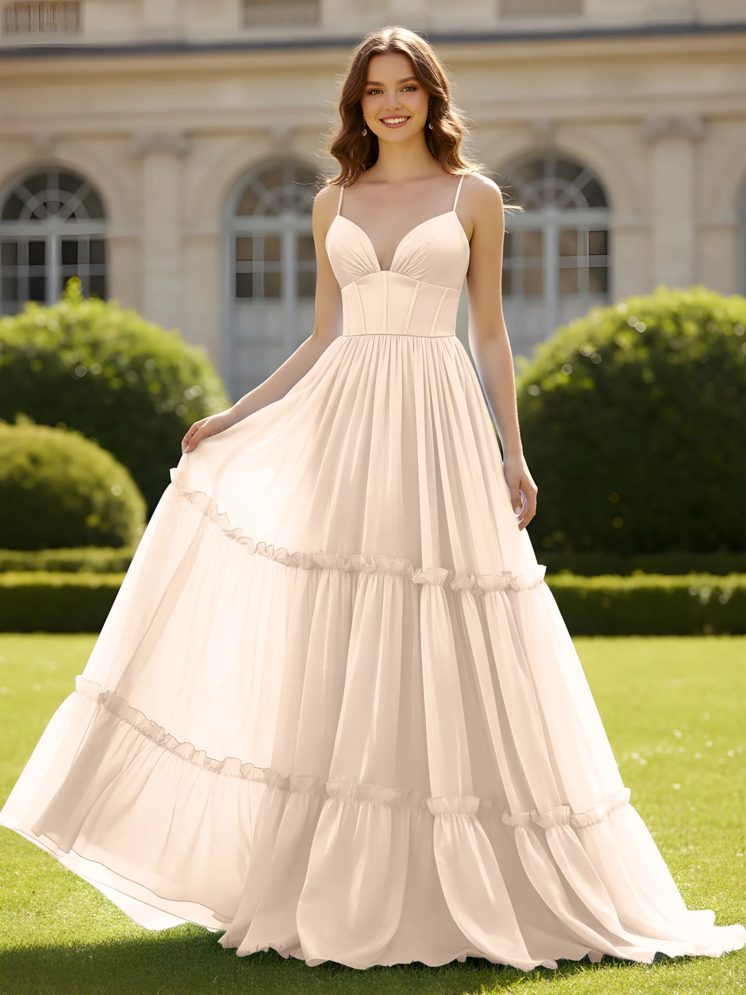 A-Line Spaghetti Straps V-neck Tiered Dress Peach