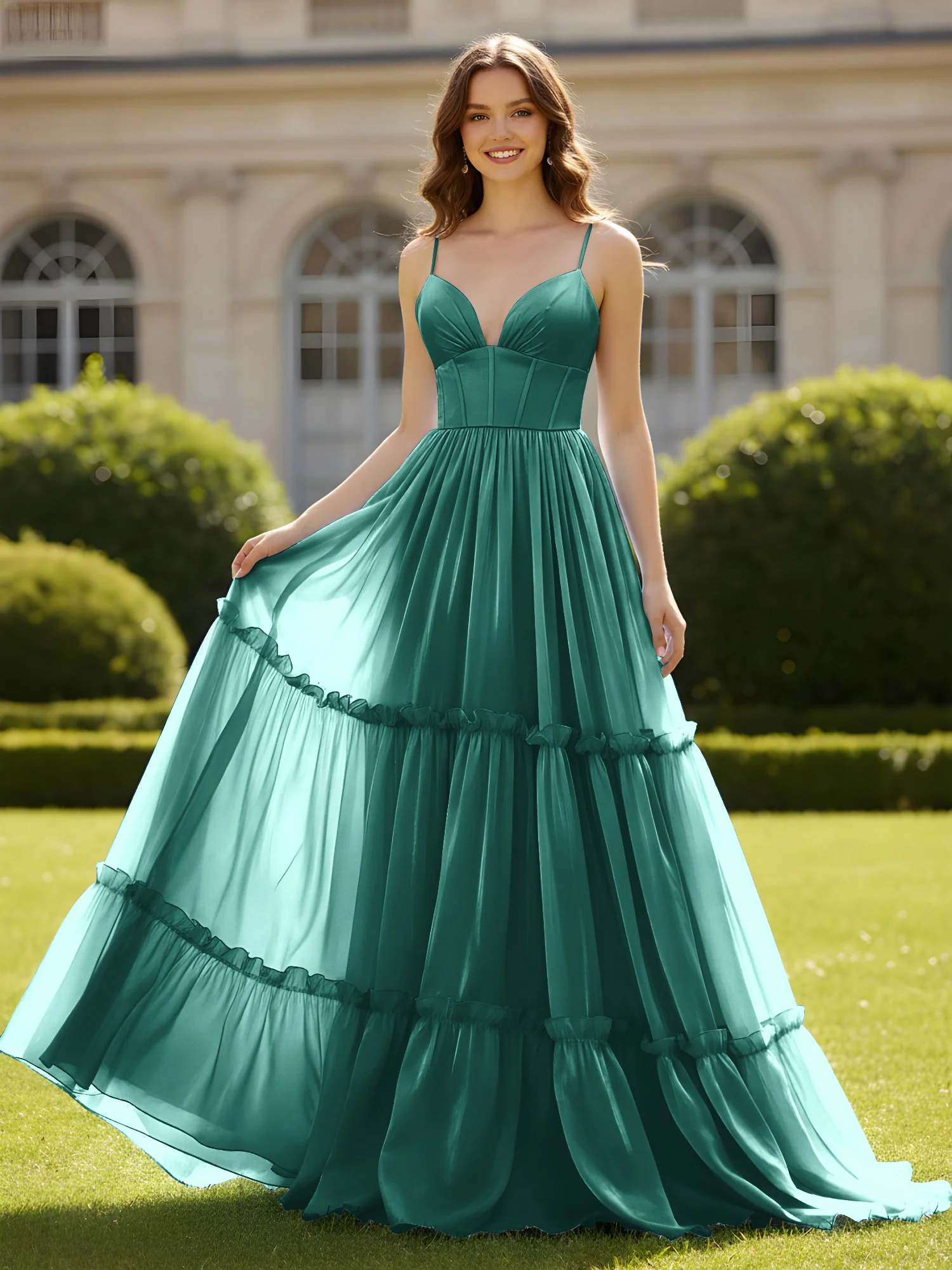 A-Line Spaghetti Straps V-neck Tiered Dress Peacock