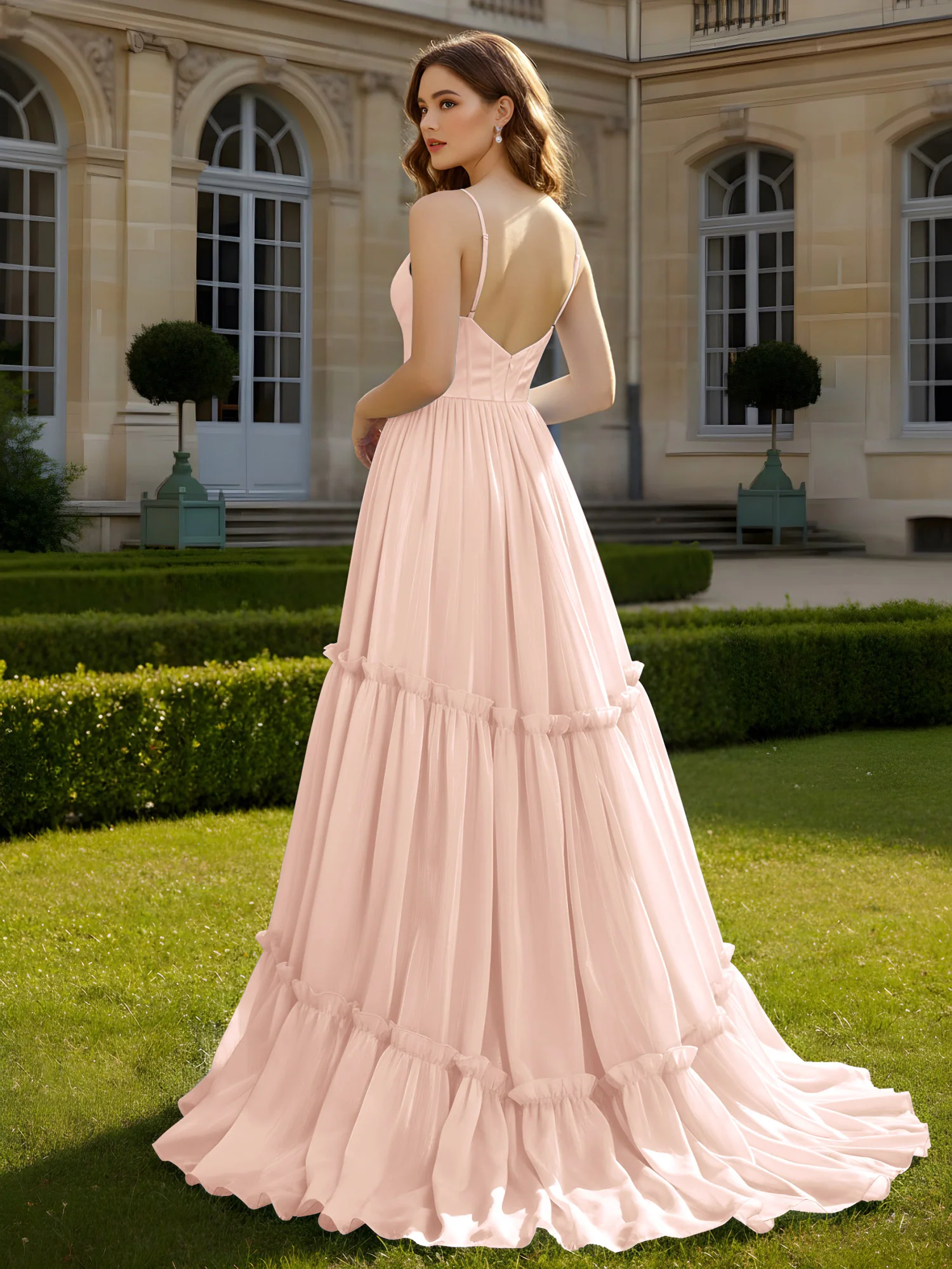 A-Line Spaghetti Straps V-neck Tiered Dress Pearl Pink - Image 2