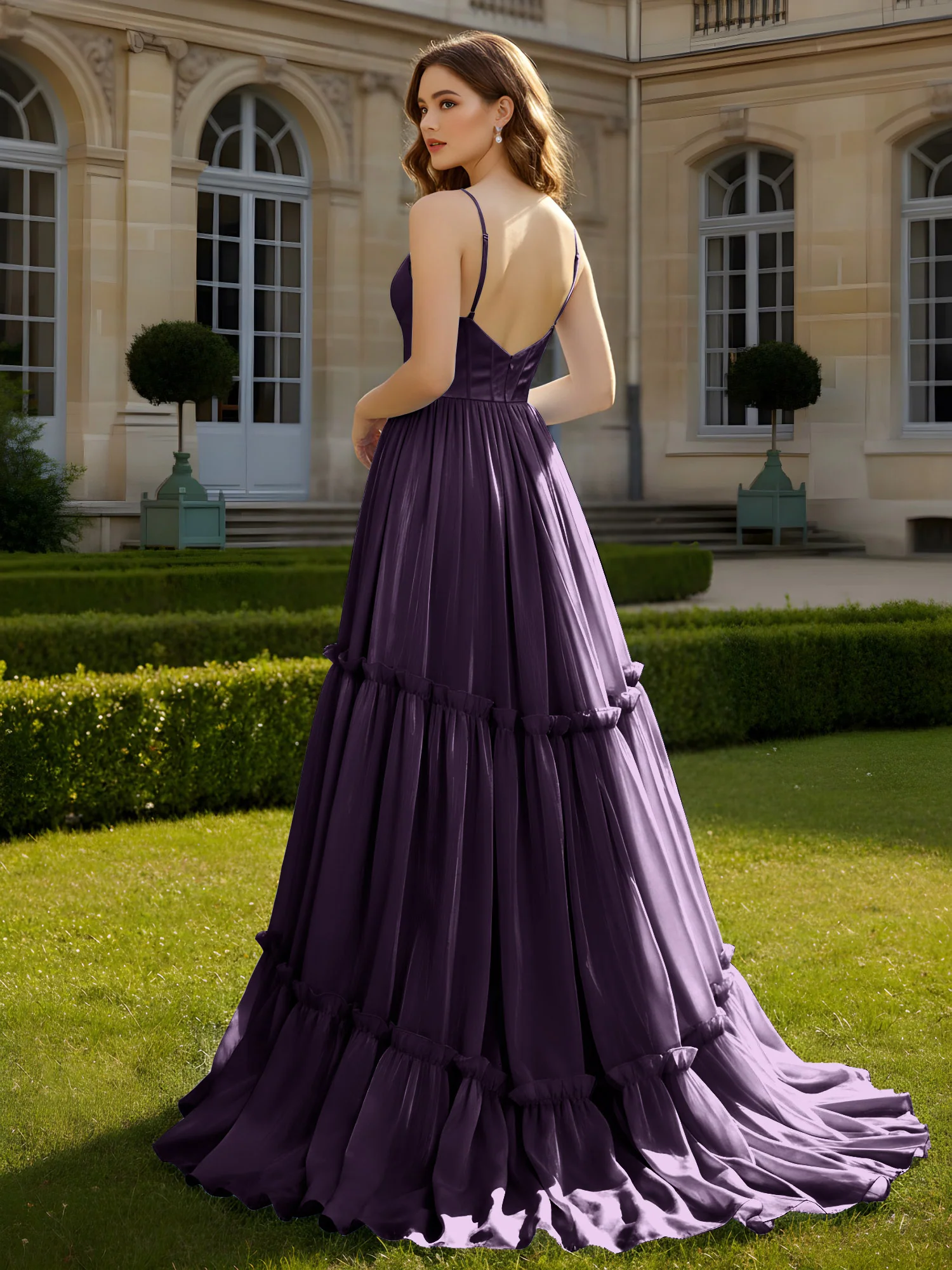 A-Line Spaghetti Straps V-neck Tiered Dress Plum - Image 2