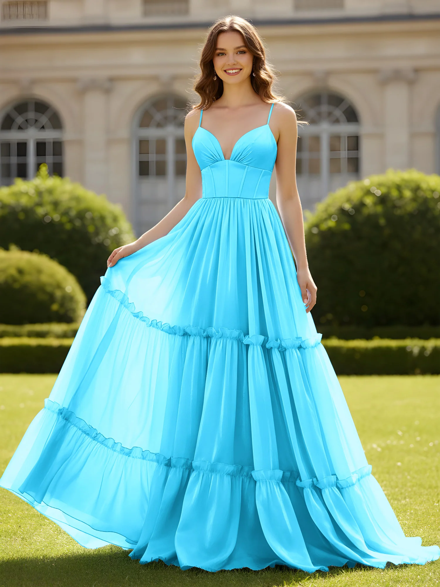 A-Line Spaghetti Straps V-neck Tiered Dress Pool