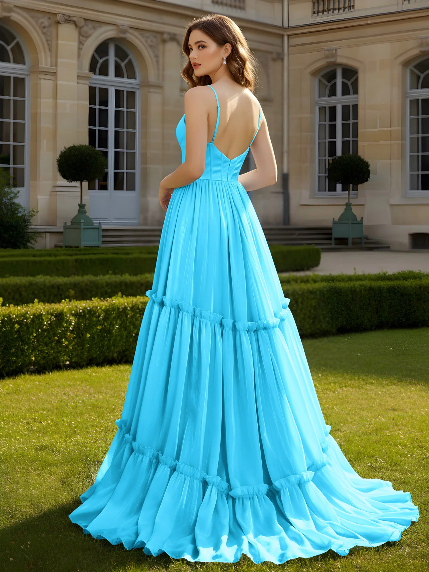 A-Line Spaghetti Straps V-neck Tiered Dress Pool - Image 2