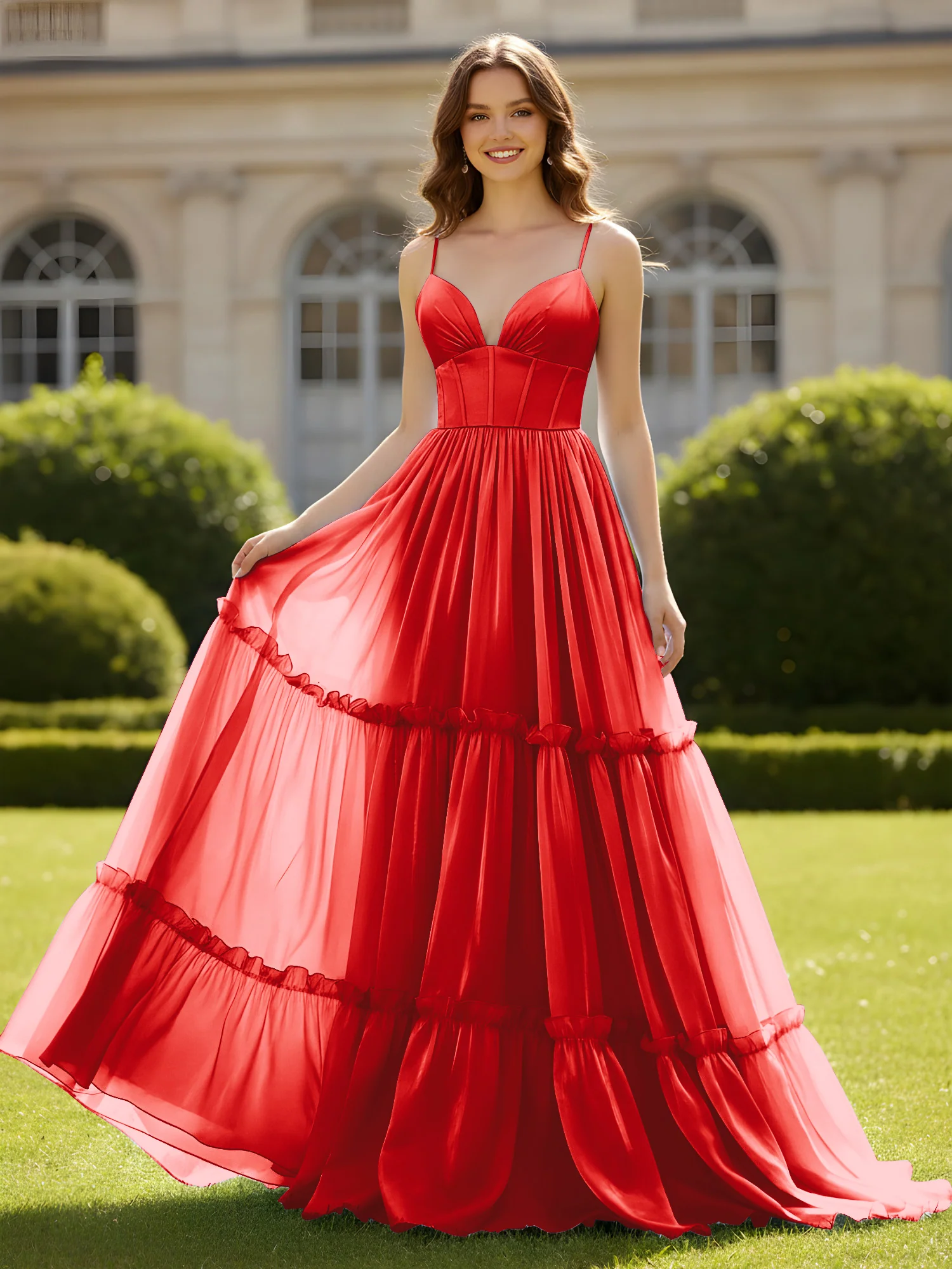 A-Line Spaghetti Straps V-neck Tiered Dress Red
