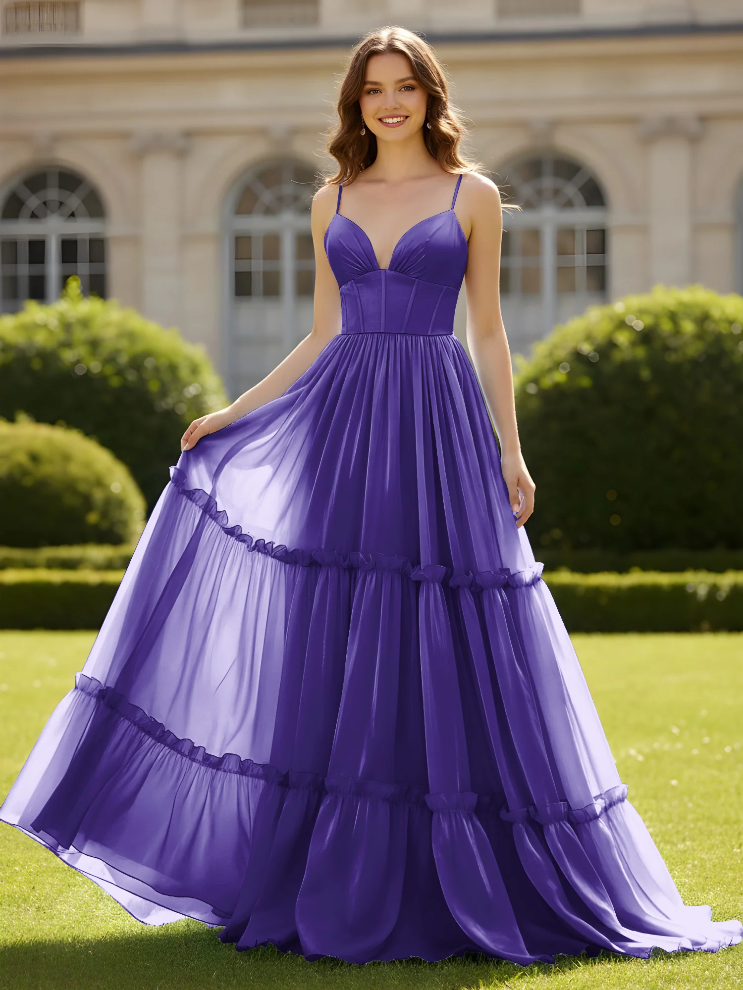 A-Line Spaghetti Straps V-neck Tiered Dress Regency