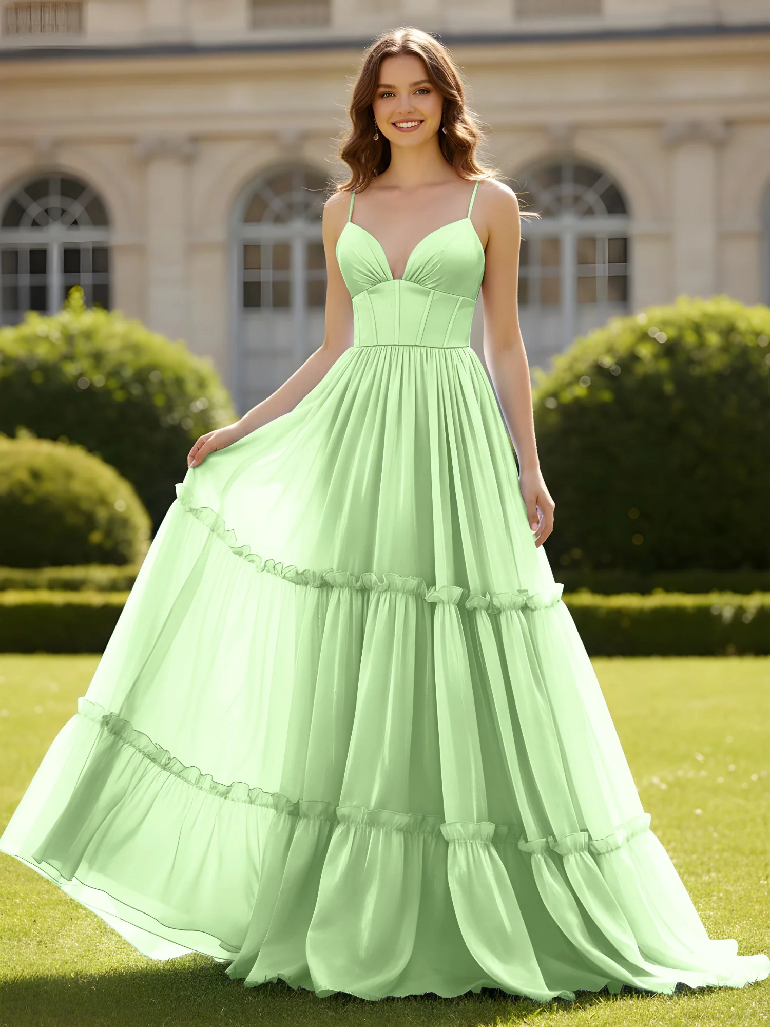 A-Line Spaghetti Straps V-neck Tiered Dress Sage