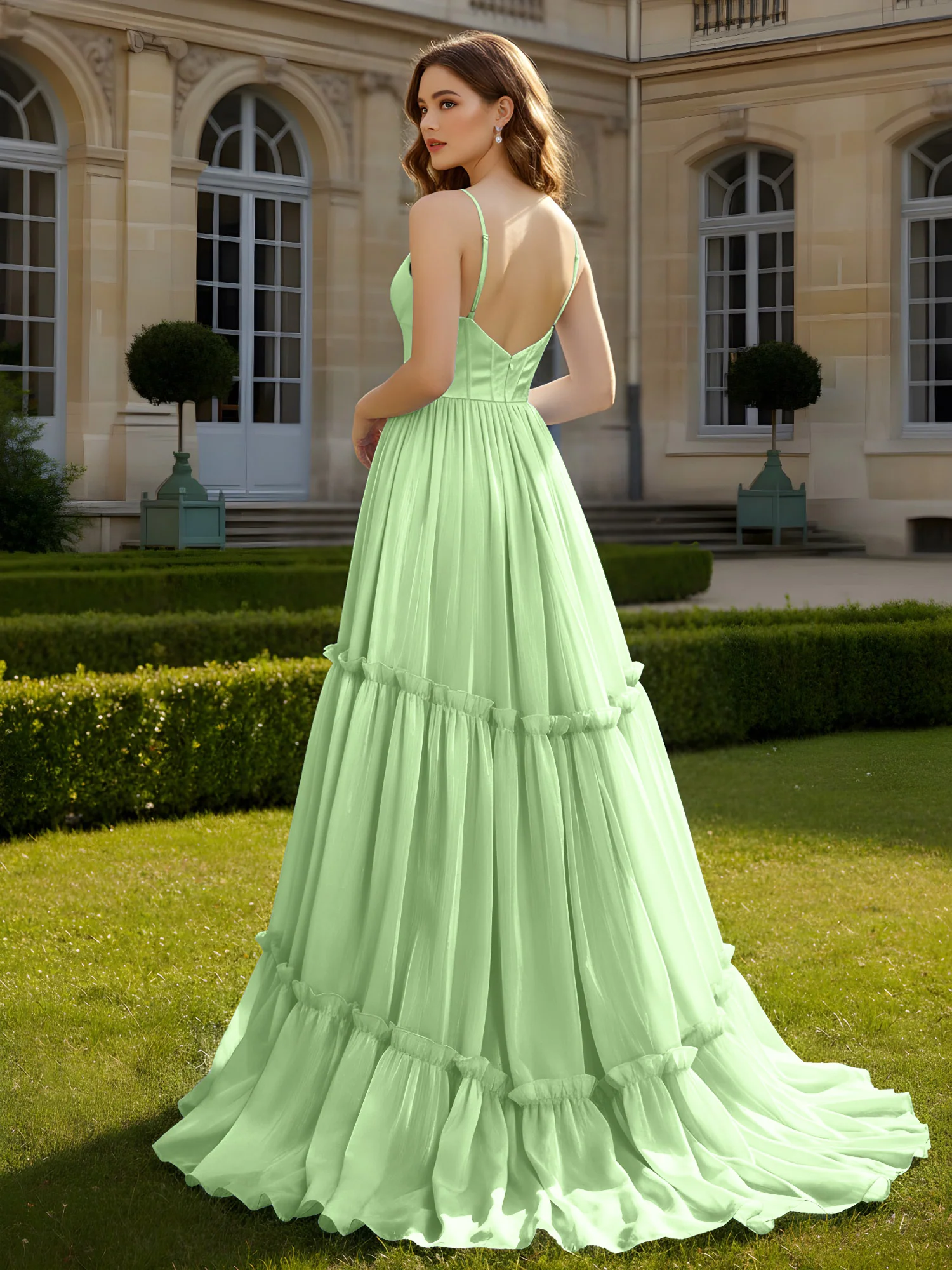 A-Line Spaghetti Straps V-neck Tiered Dress Sage - Image 2