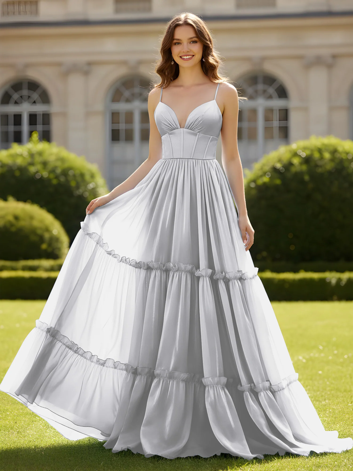 A-Line Spaghetti Straps V-neck Tiered Dress Silver
