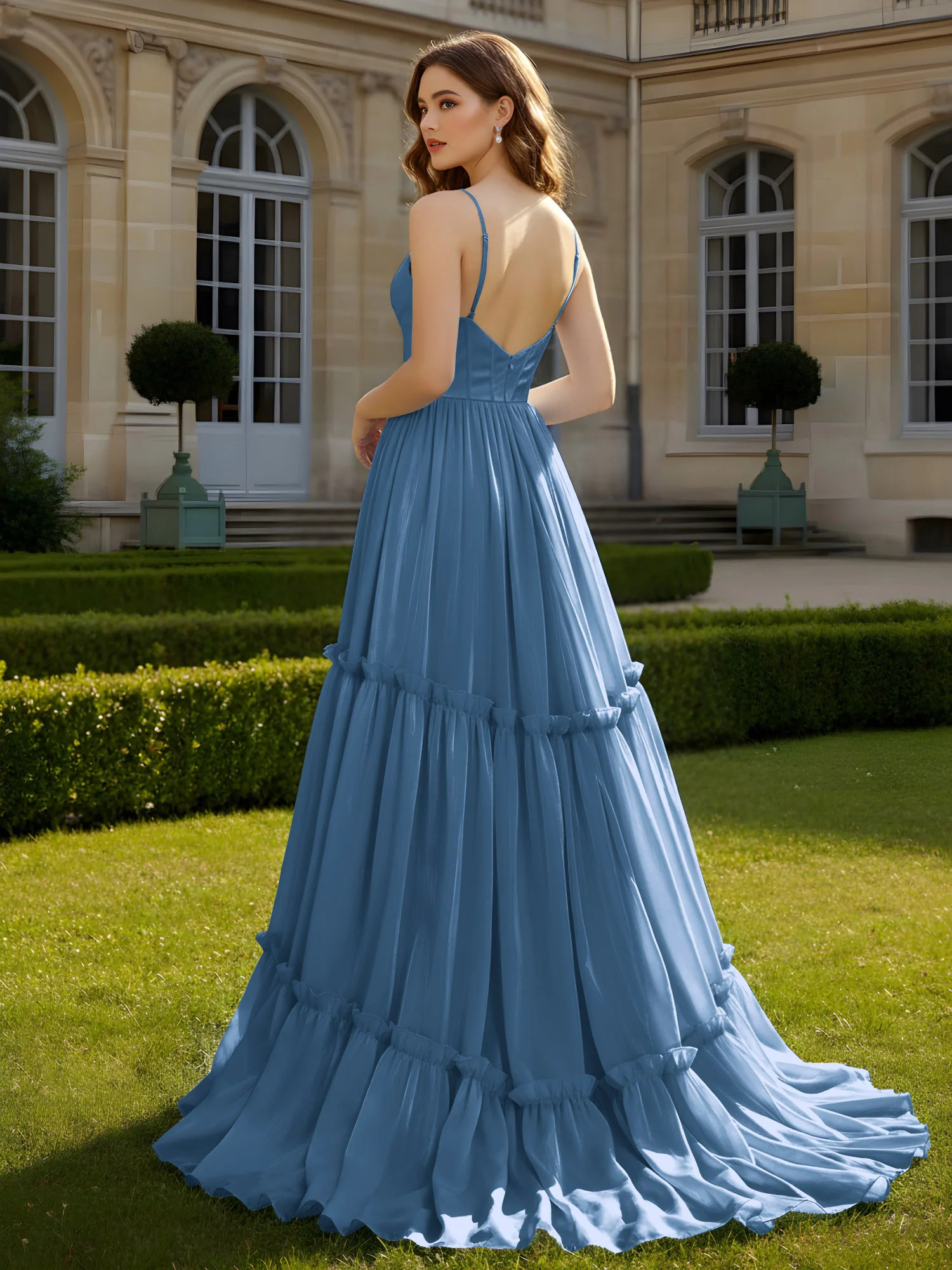 A-Line Spaghetti Straps V-neck Tiered Dress Slate Blue - Image 2