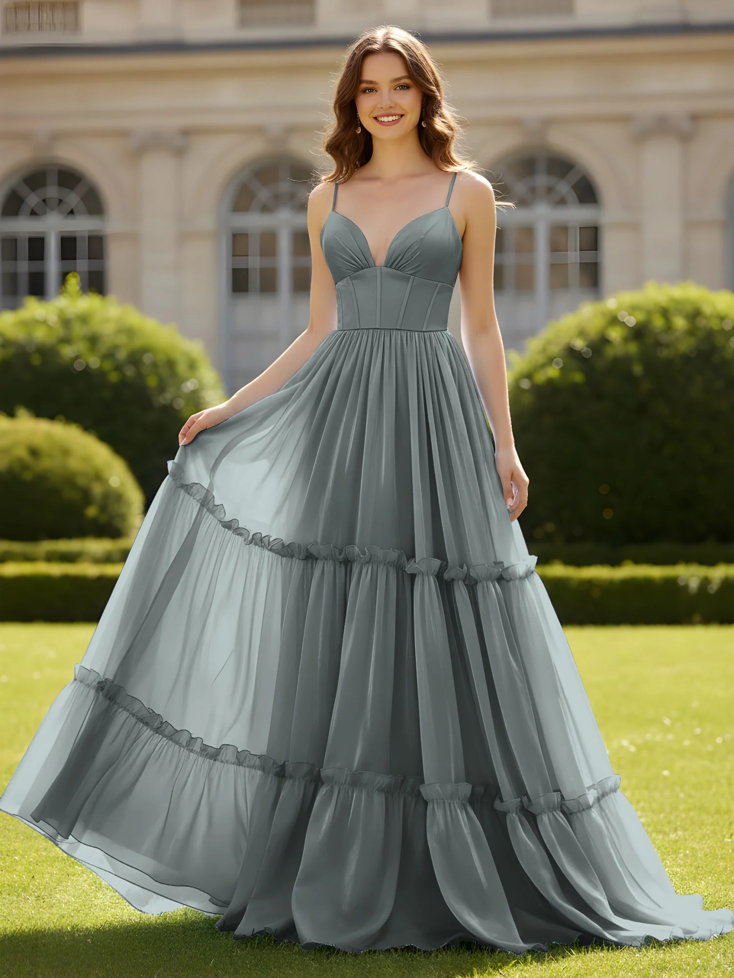 A-Line Spaghetti Straps V-neck Tiered Dress Steel Grey
