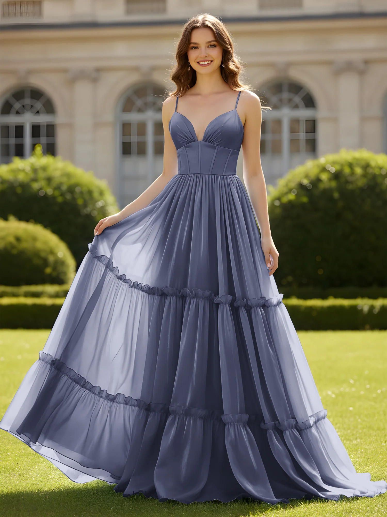 A-Line Spaghetti Straps V-neck Tiered Dress Stormy