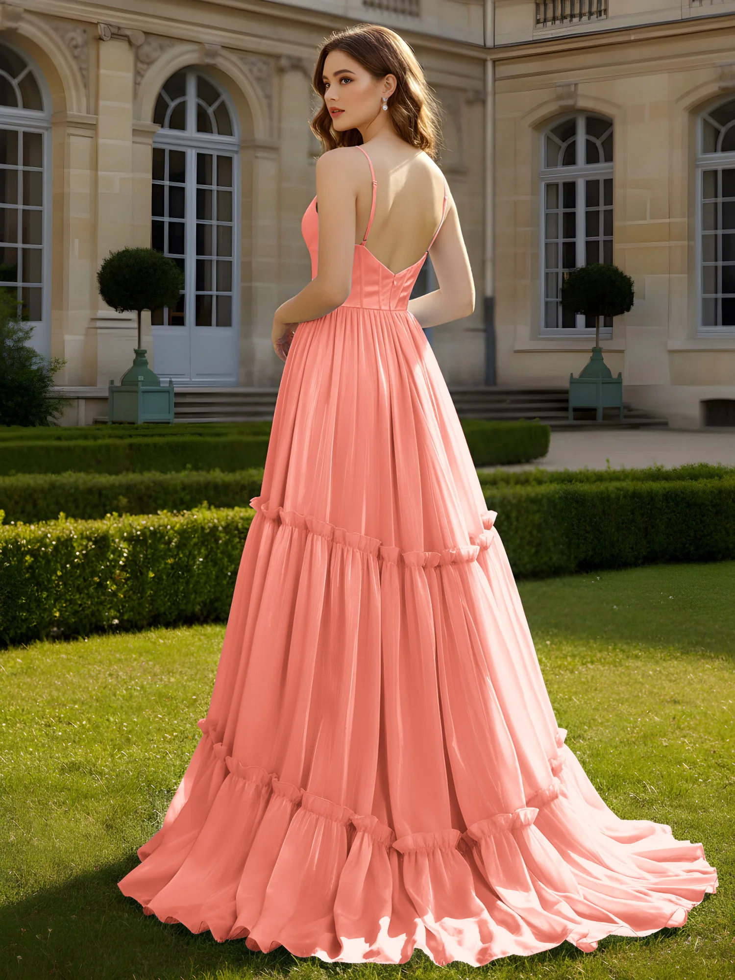 A-Line Spaghetti Straps V-neck Tiered Dress Sunset - Image 2